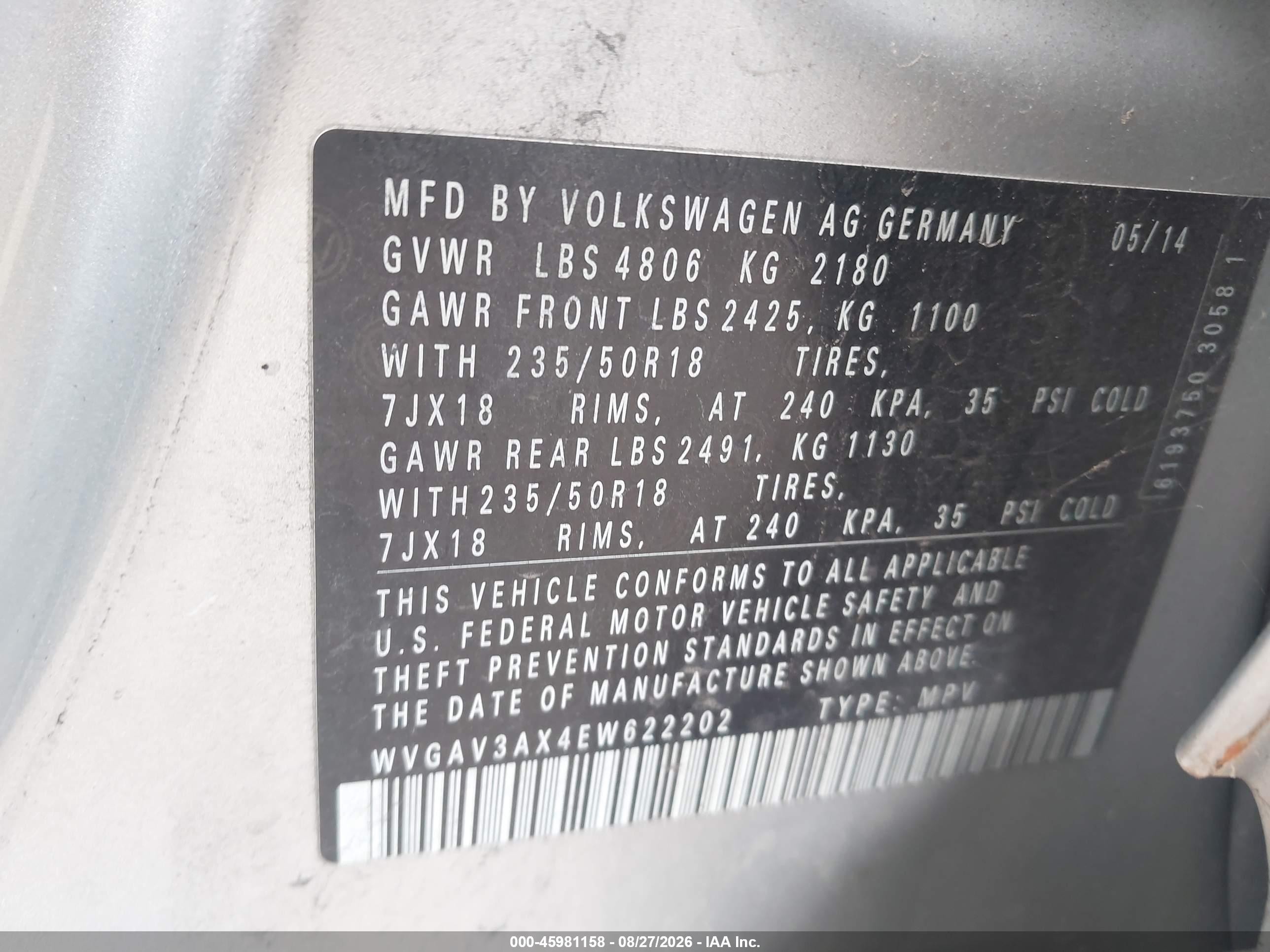2014 Volkswagen Tiguan VIN WVGAV3AX4EW622202 IAAI salvage auction — Water/Flood, Salvage (Texas), sold $625 on 2026-10-05 (photo 9)