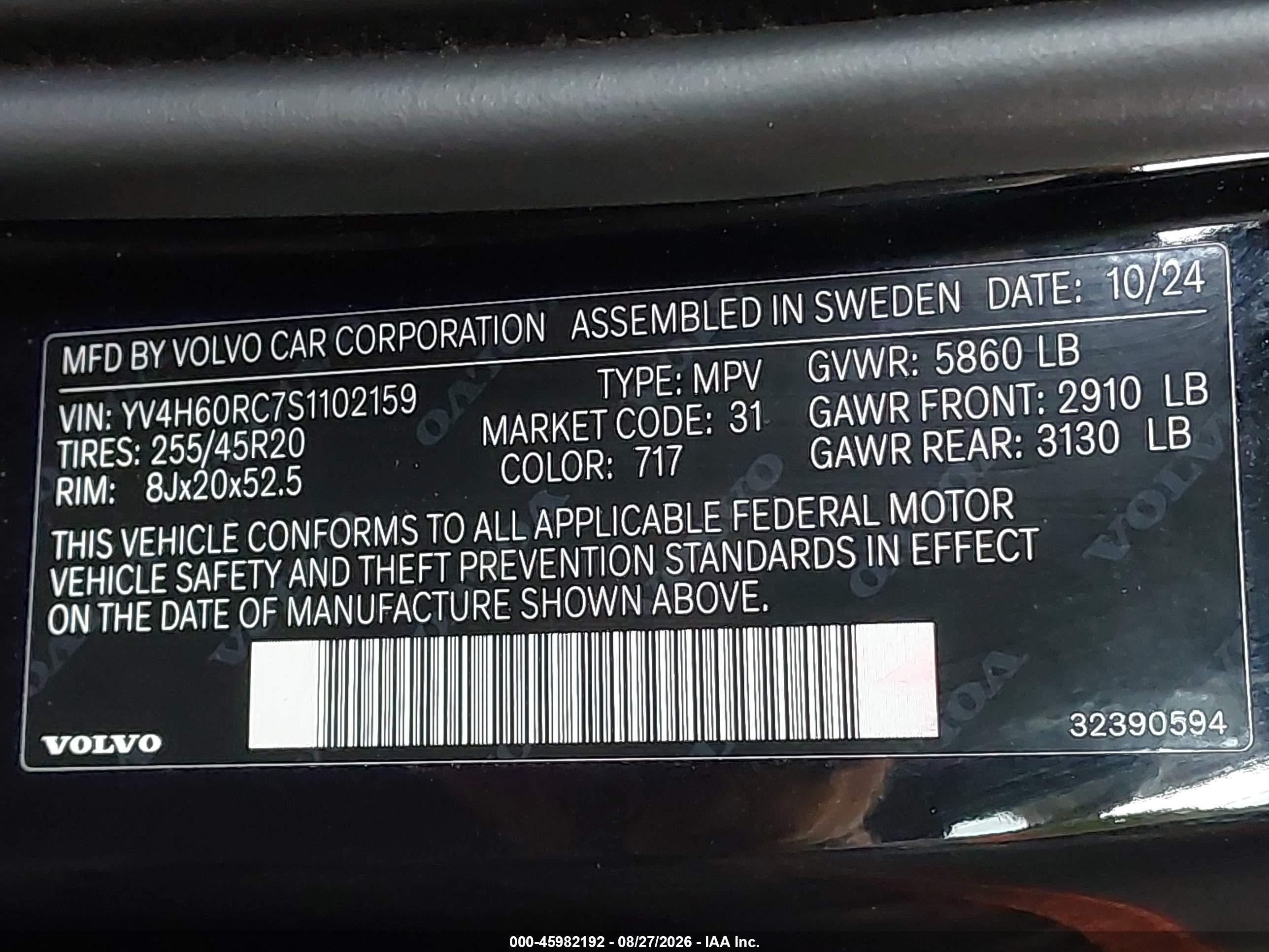 2025 Volvo XC60 VIN YV4H60RC7S1102159 IAAI salvage auction — Front End, Bill Of Sale (Washington), sold $14,100 on 2026-09-25 (photo 9)