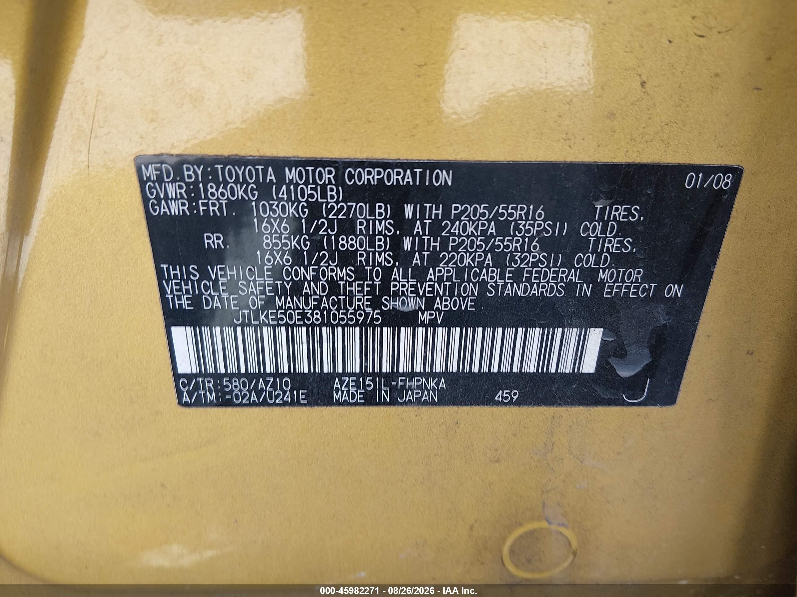 2008 Scion xB VIN JTLKE50E381055975 IAAI salvage auction — Front End, Bill Of Sale (Washington), sold $275 on 2026-09-12 (photo 9)