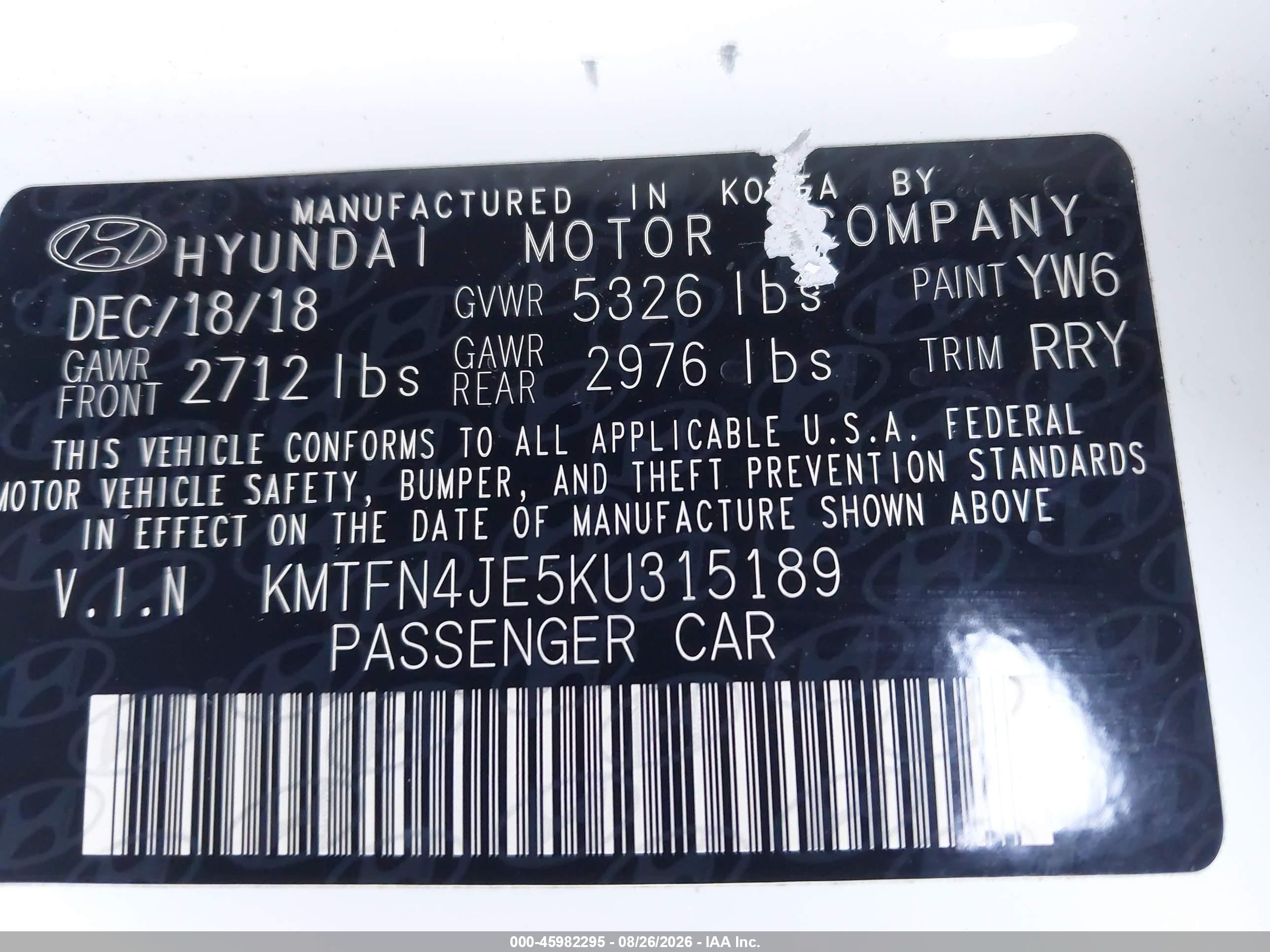 2019 Genesis G80 VIN KMTFN4JE5KU315189 IAAI salvage auction — Front End, Salvage (California), sold $4,000 on 2026-09-24 (photo 9)
