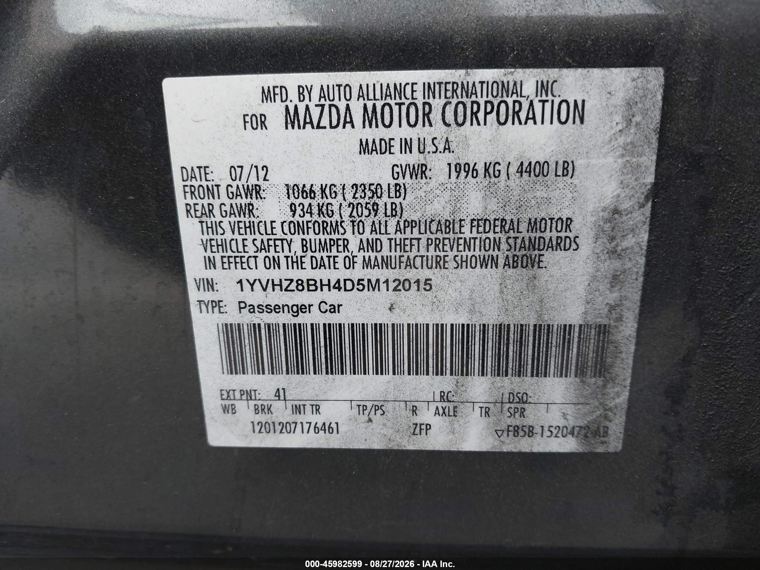 2013 Mazda 6 VIN 1YVHZ8BH4D5M12015 IAAI salvage auction — Front End, Salvage (California), sold $575 on 2026-09-19 (photo 9)