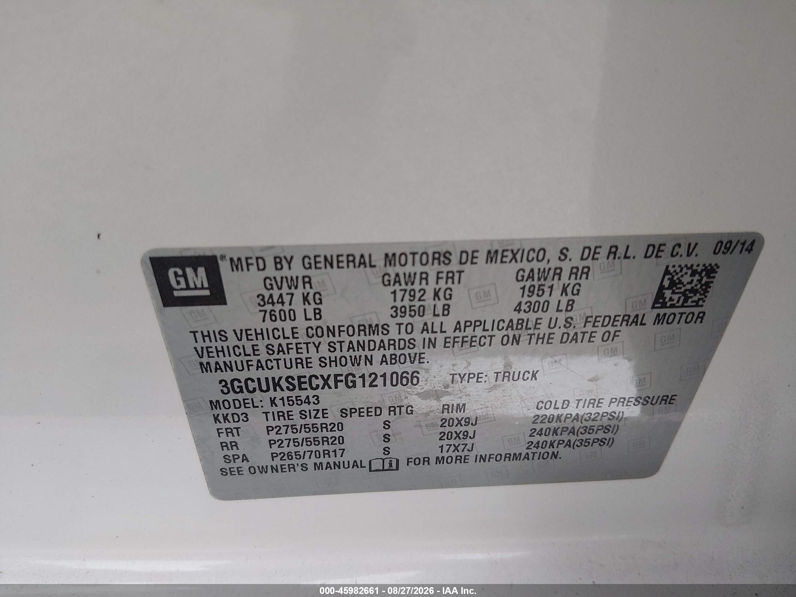 2015 Chevrolet Silverado 1500 VIN 3GCUKSECXFG121066 IAAI salvage auction — Normal Wear, Repossession Paperwork (Georgia), sold $2,950 on 2026-10-06 (photo 9)