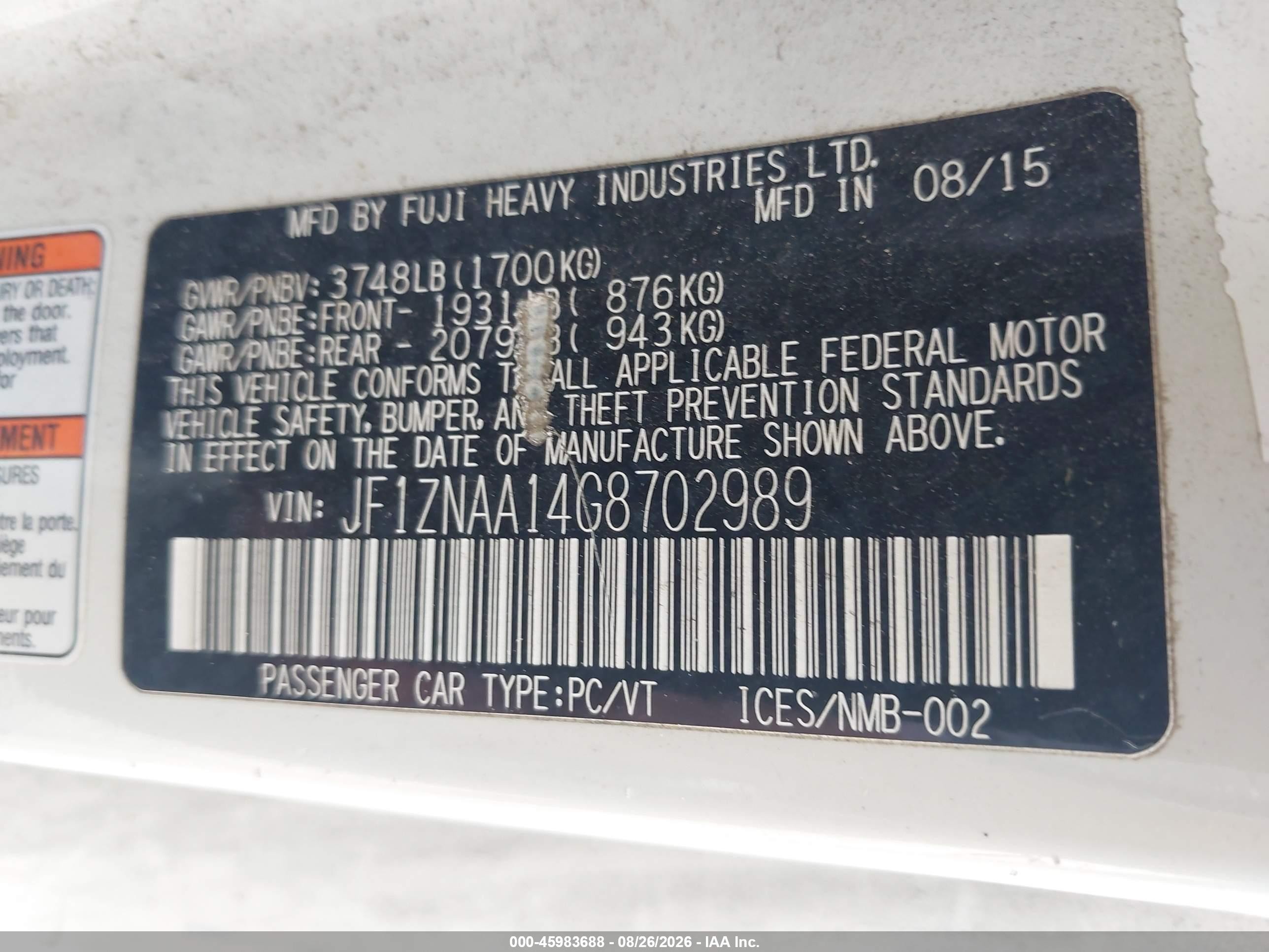 2016 Scion Fr-s VIN JF1ZNAA14G8702989 IAAI salvage auction — Normal Wear, Clear (Florida), sold $3,825 on 2026-09-10 (photo 9)