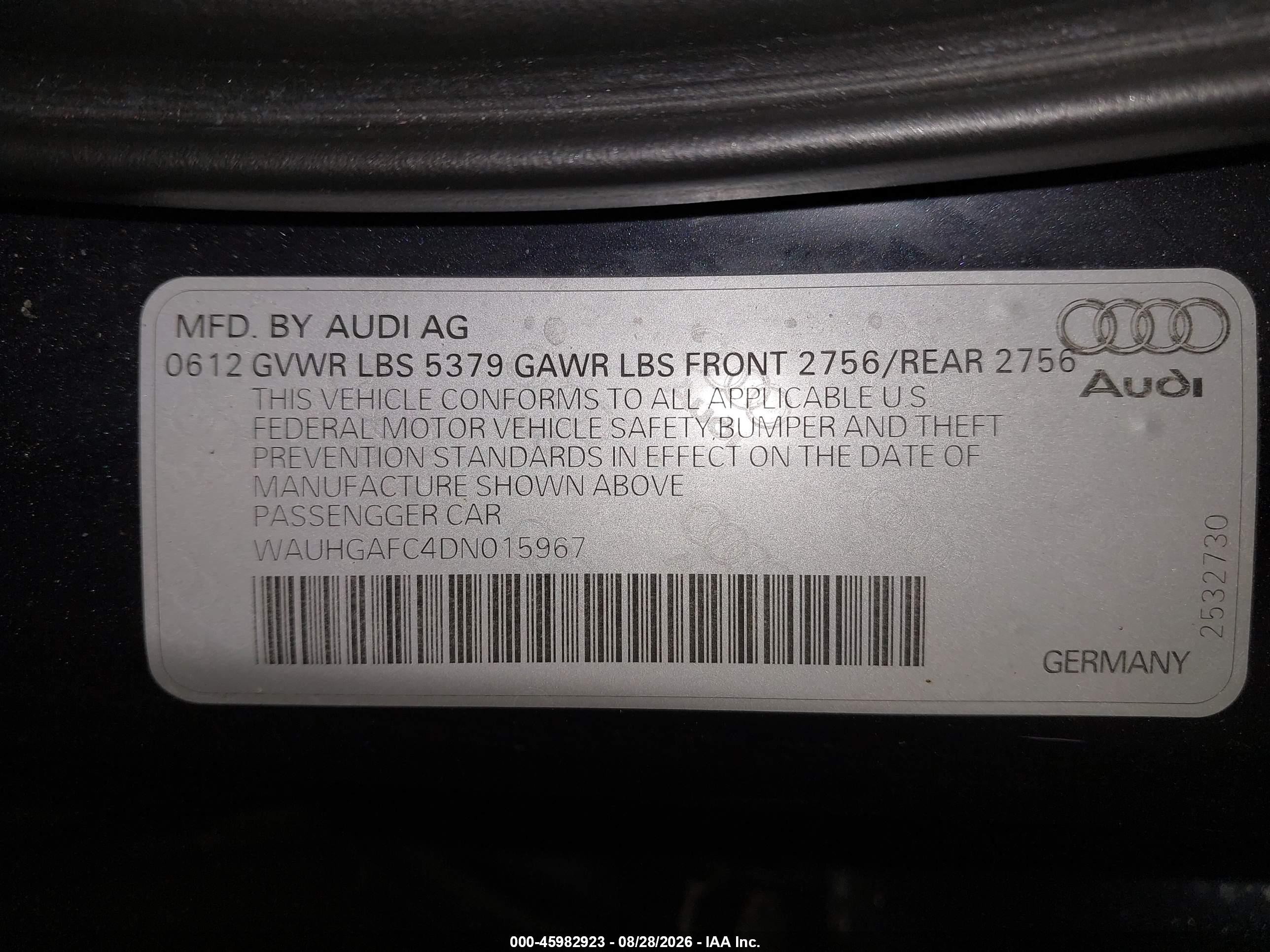 2013 Audi A6 VIN WAUHGAFC4DN015967 IAAI salvage auction — Unknown, Salvage (Maine), sold $2,100 on 2026-10-07 (photo 9)