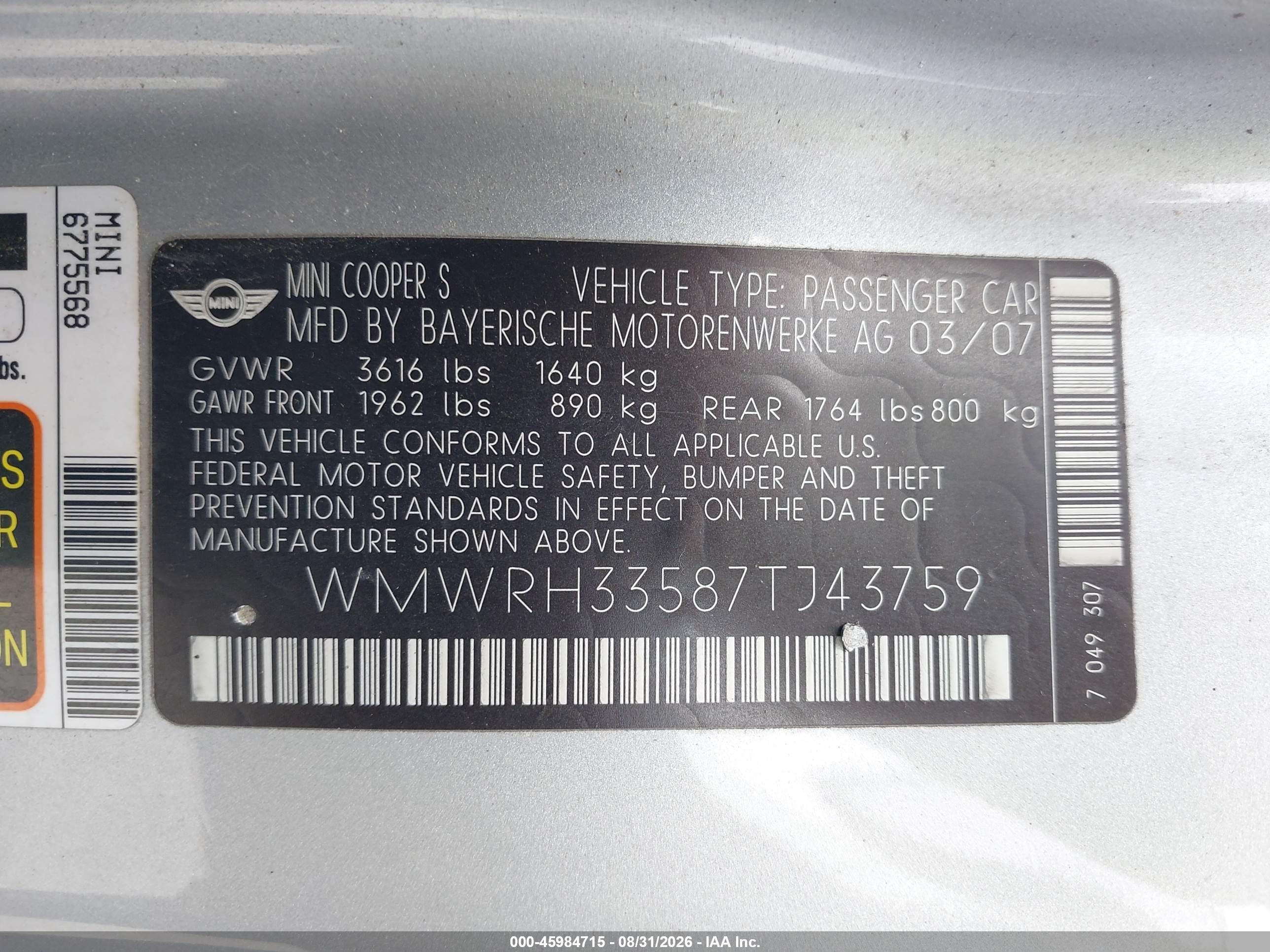 2007 Mini Cooper VIN WMWRH33587TJ43759 IAAI salvage auction — Normal Wear, Clear (Maryland), sold $350 on 2026-09-03 (photo 9)