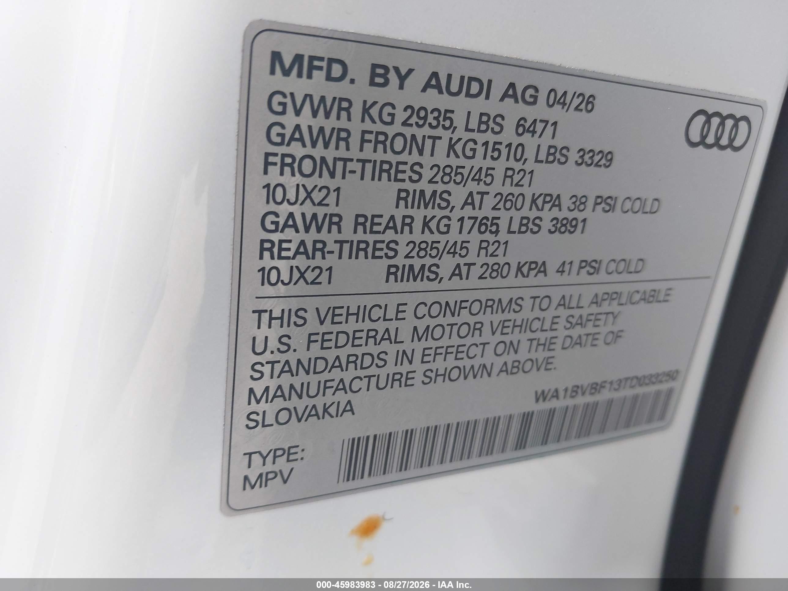 2026 Audi Q8 VIN WA1BVBF13TD033250 IAAI salvage auction — Unknown, Enterprise Vehicles Clear Only (Massachusetts), sold $41,750 on 2026-09-02 (photo 9)