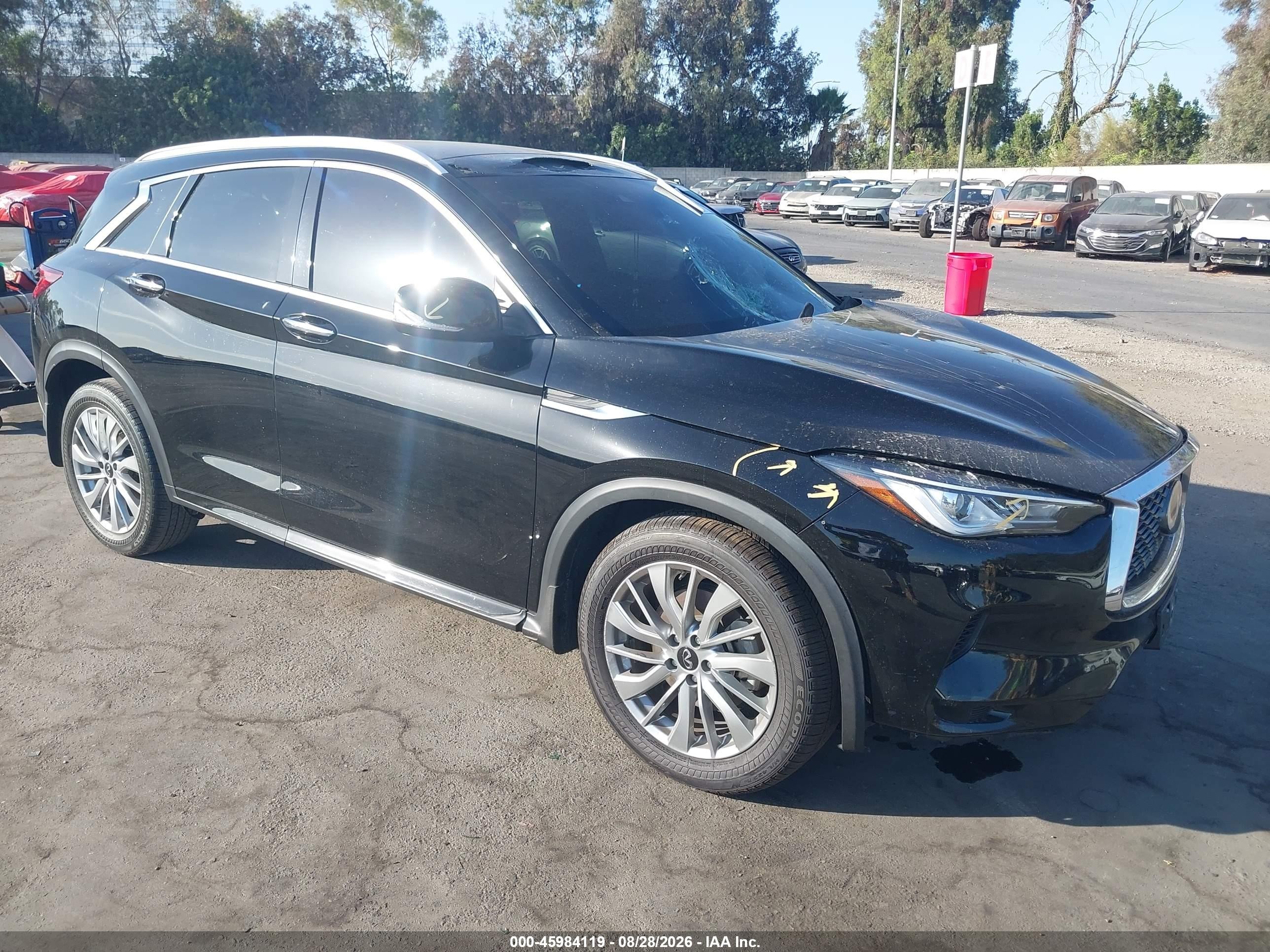 2023 Infiniti QX50 VIN 3PCAJ5BAXPF103202 IAAI salvage auction — Vandalized, Wait Title, sold $4,200 on 2026-09-21 (photo 1)