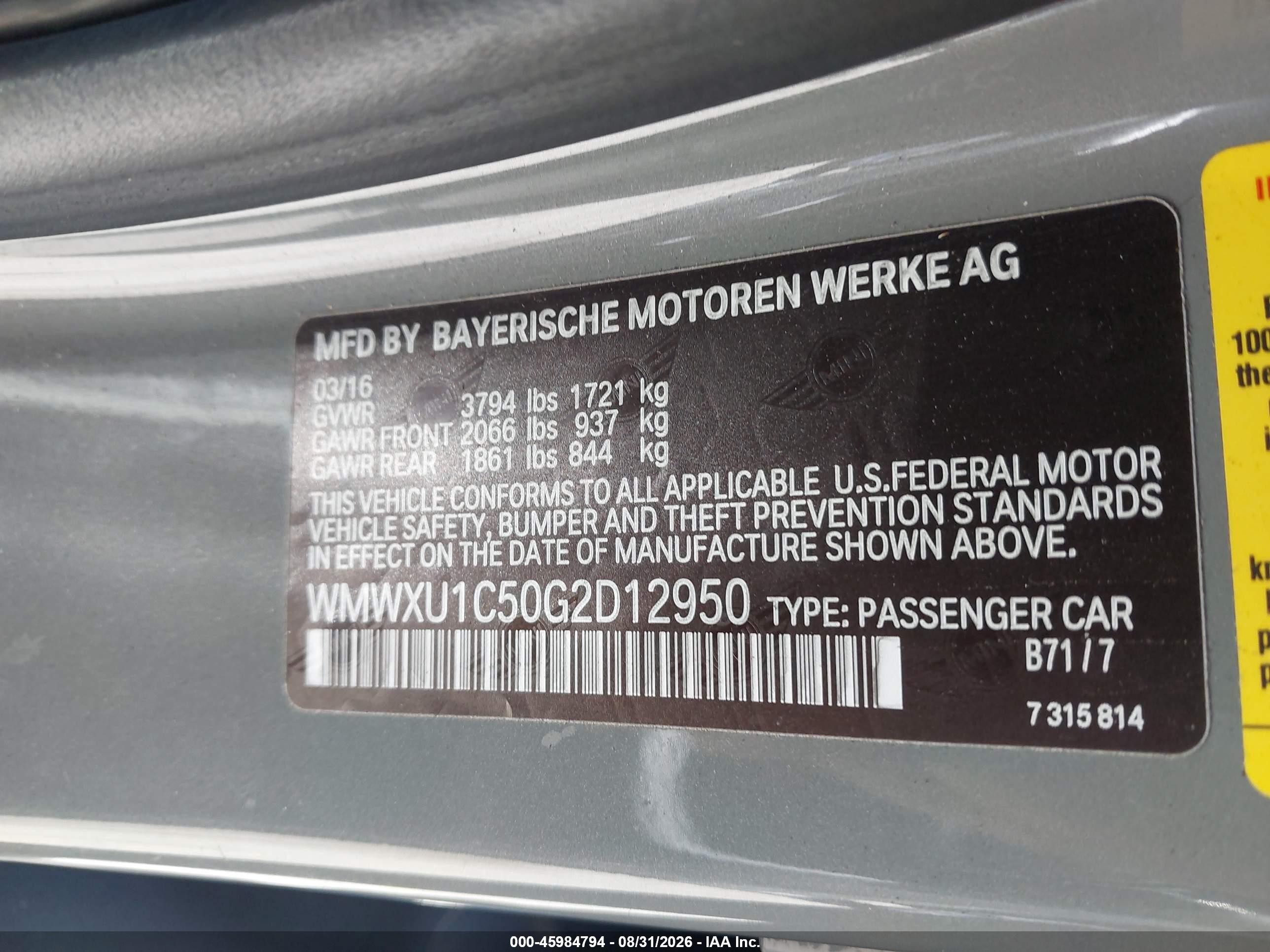2016 Mini Hardtop VIN WMWXU1C50G2D12950 IAAI salvage auction — Front End, Salvage (California), sold $1,450 on 2026-09-13 (photo 9)