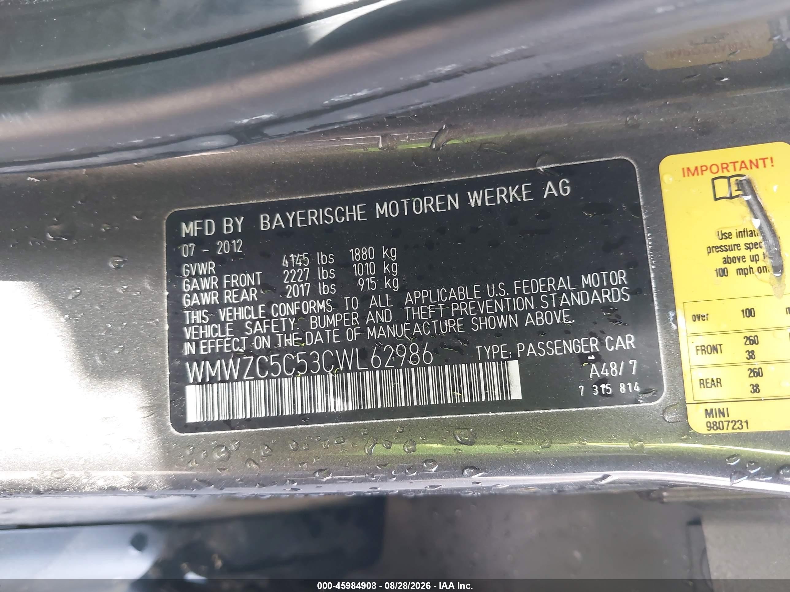 2012 Mini Cooper VIN WMWZC5C53CWL62986 IAAI salvage auction — Side, Salvage (Ohio), sold $475 on 2026-09-10 (photo 9)
