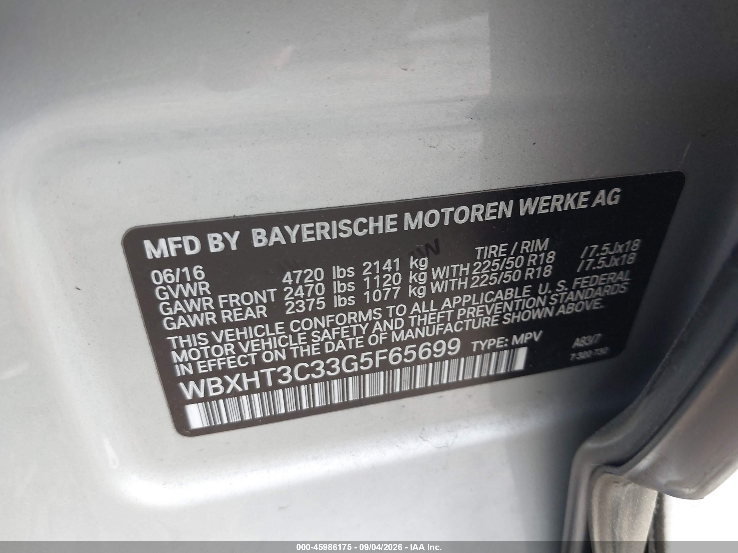 2016 BMW X1 VIN WBXHT3C33G5F65699 IAAI salvage auction — Side, Salvage Certificate (California), sold $4,950 on 2026-09-12 (photo 9)