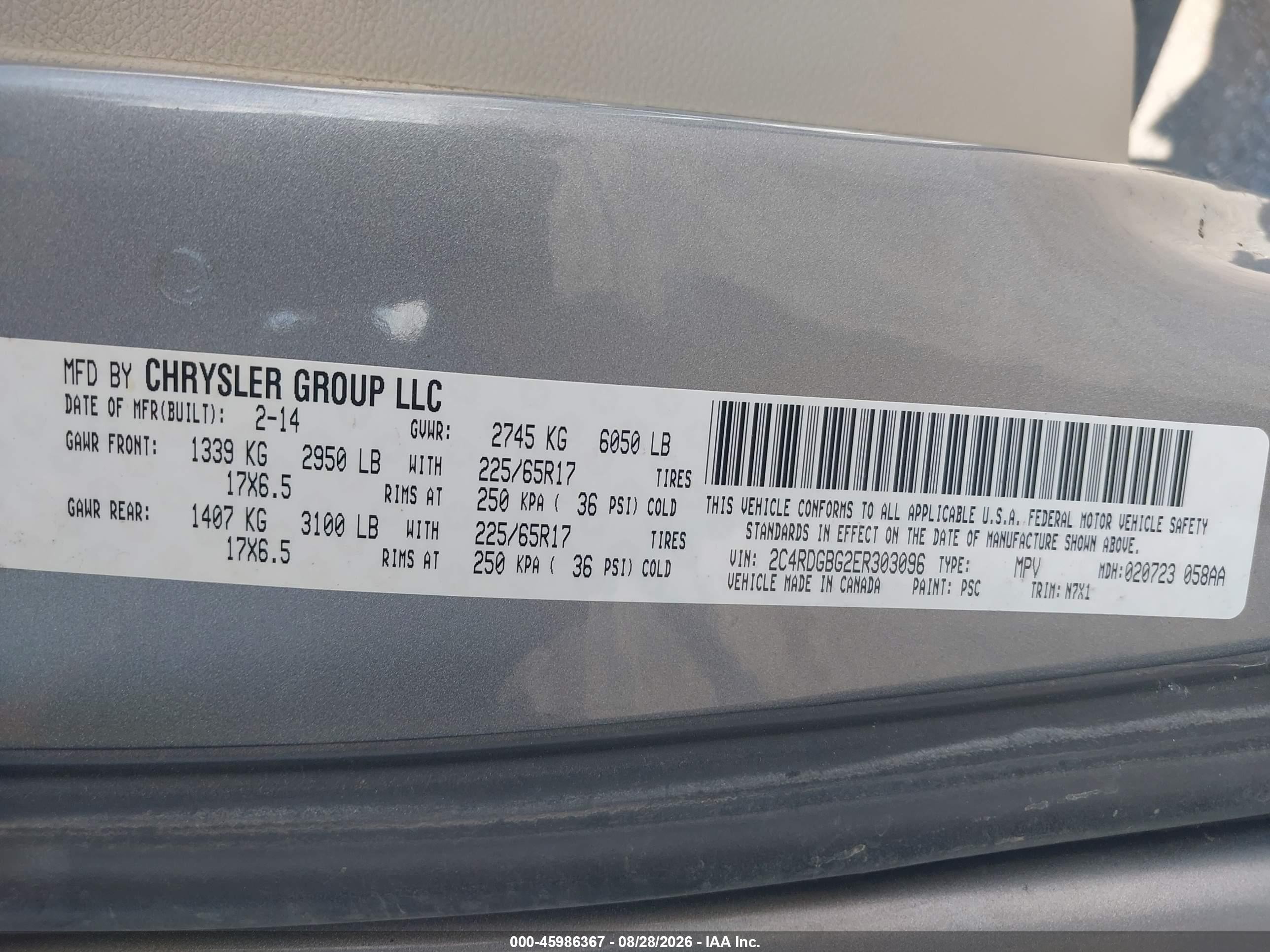 2014 Dodge Grand Caravan VIN 2C4RDGBG2ER303096 IAAI salvage auction — Front & Rear, Salvage (Arkansas), sold $250 on 2026-09-14 (photo 9)