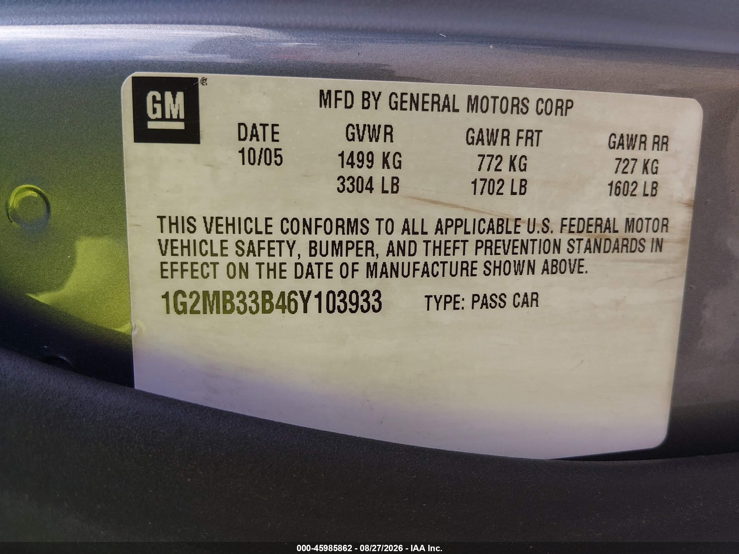 2006 Pontiac Solstice VIN 1G2MB33B46Y103933 IAAI salvage auction — Water/Flood, Salvage (Ohio), sold $1,150 on 2026-09-23 (photo 9)