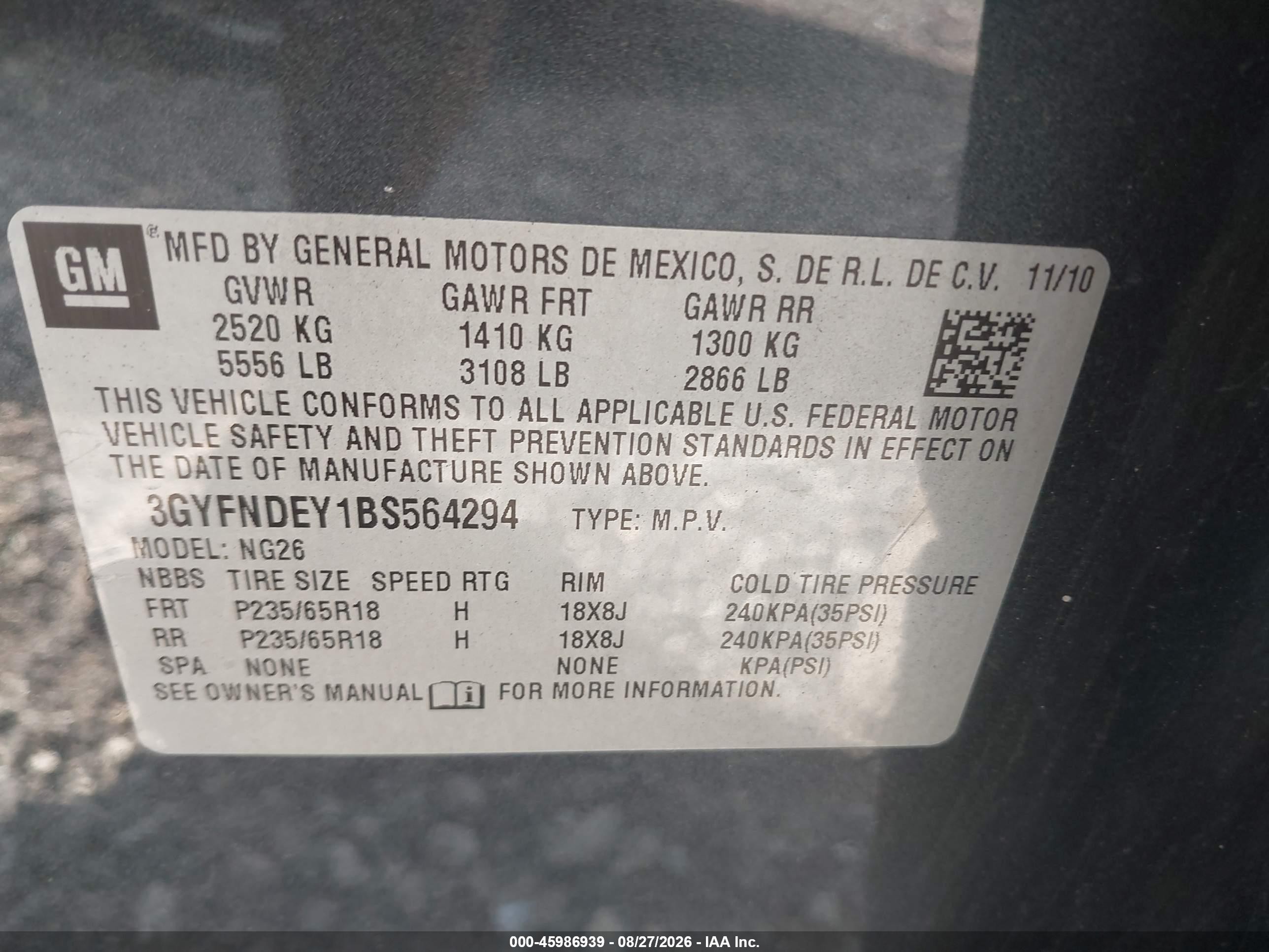 2011 Cadillac Srx VIN 3GYFNDEY1BS564294 IAAI salvage auction — Normal Wear, Clear (Illinois), sold $750 on 2026-09-18 (photo 9)