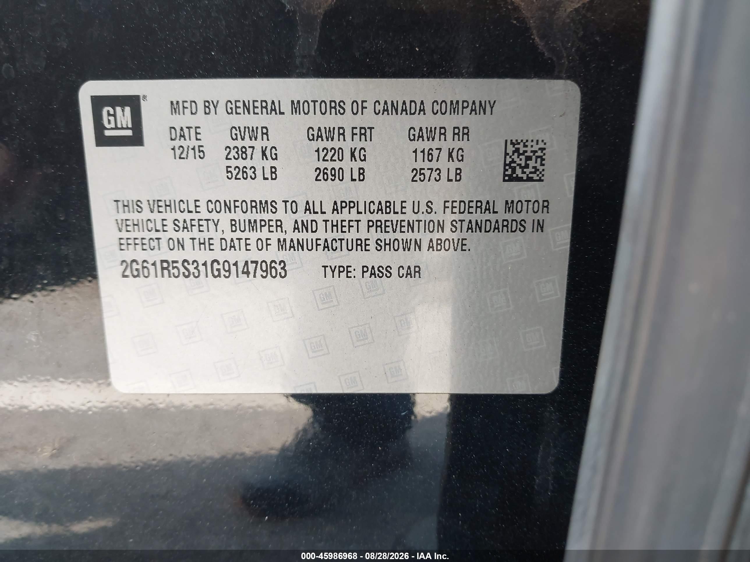 2016 Cadillac Xts VIN 2G61R5S31G9147963 IAAI salvage auction — Unknown, Salvage (North Carolina), sold $975 on 2026-10-06 (photo 9)