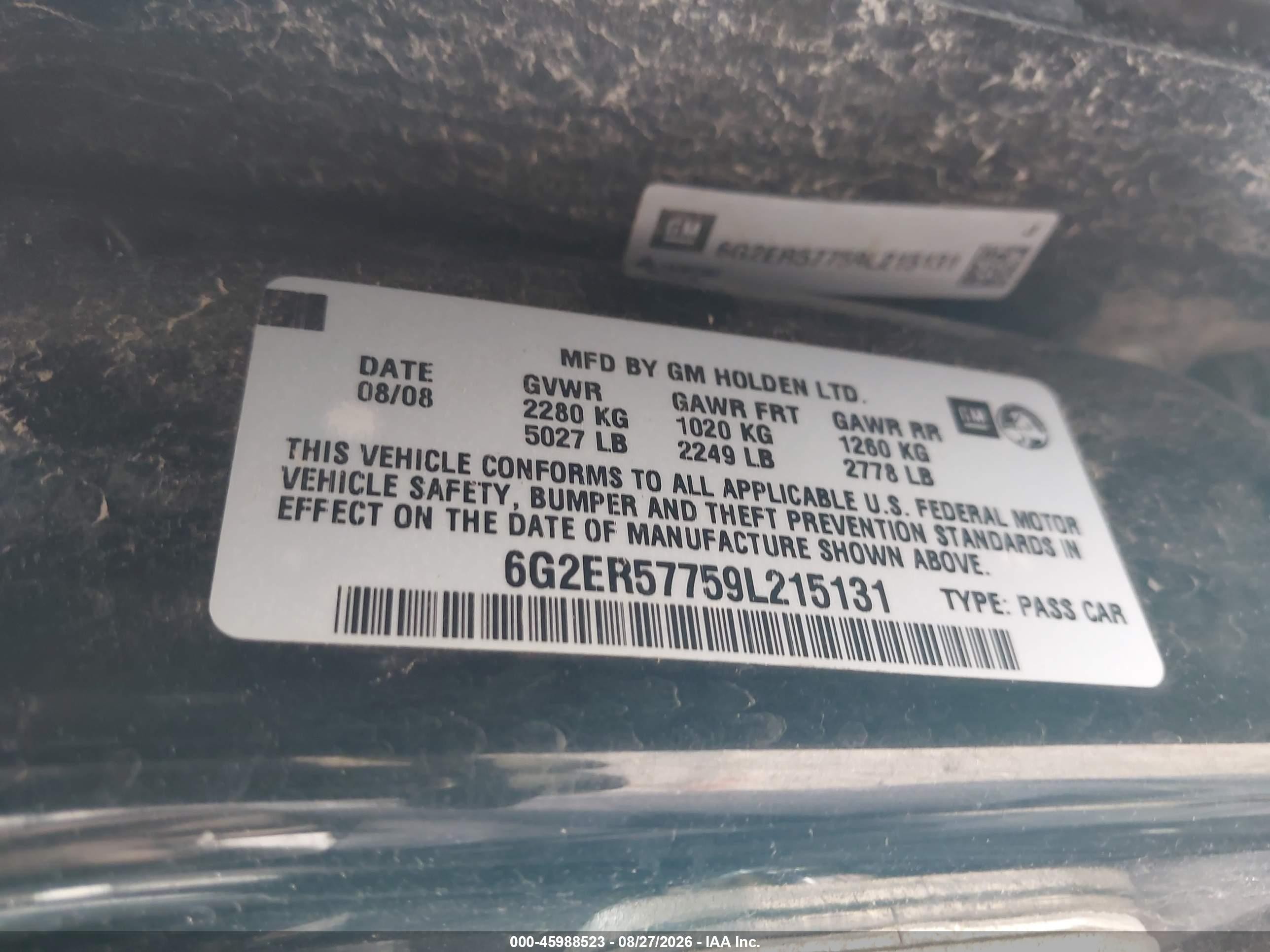 2009 Pontiac G8 VIN 6G2ER57759L215131 IAAI salvage auction — Normal Wear, Clear - Public Restricted (Oklahoma), sold $675 on 2026-09-18 (photo 9)