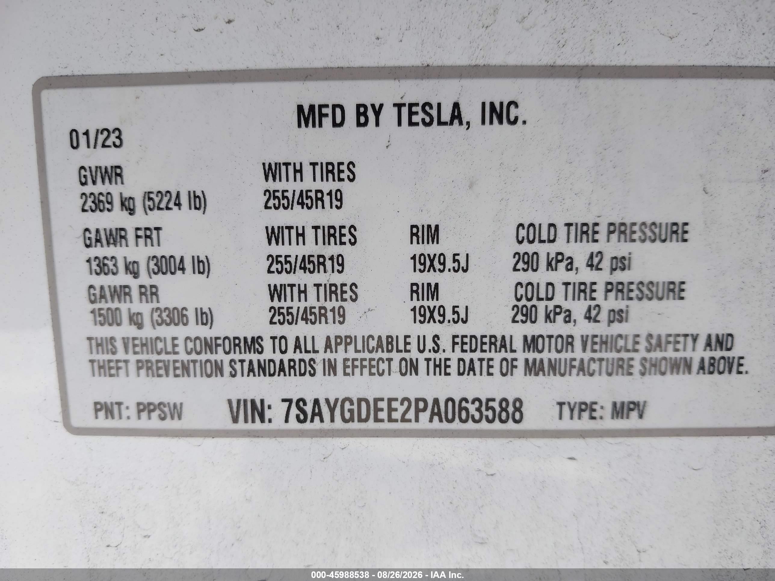 2023 Tesla Model Y VIN 7SAYGDEE2PA063588 IAAI salvage auction — Side, Salvage (California), sold $7,500 on 2026-09-11 (photo 9)
