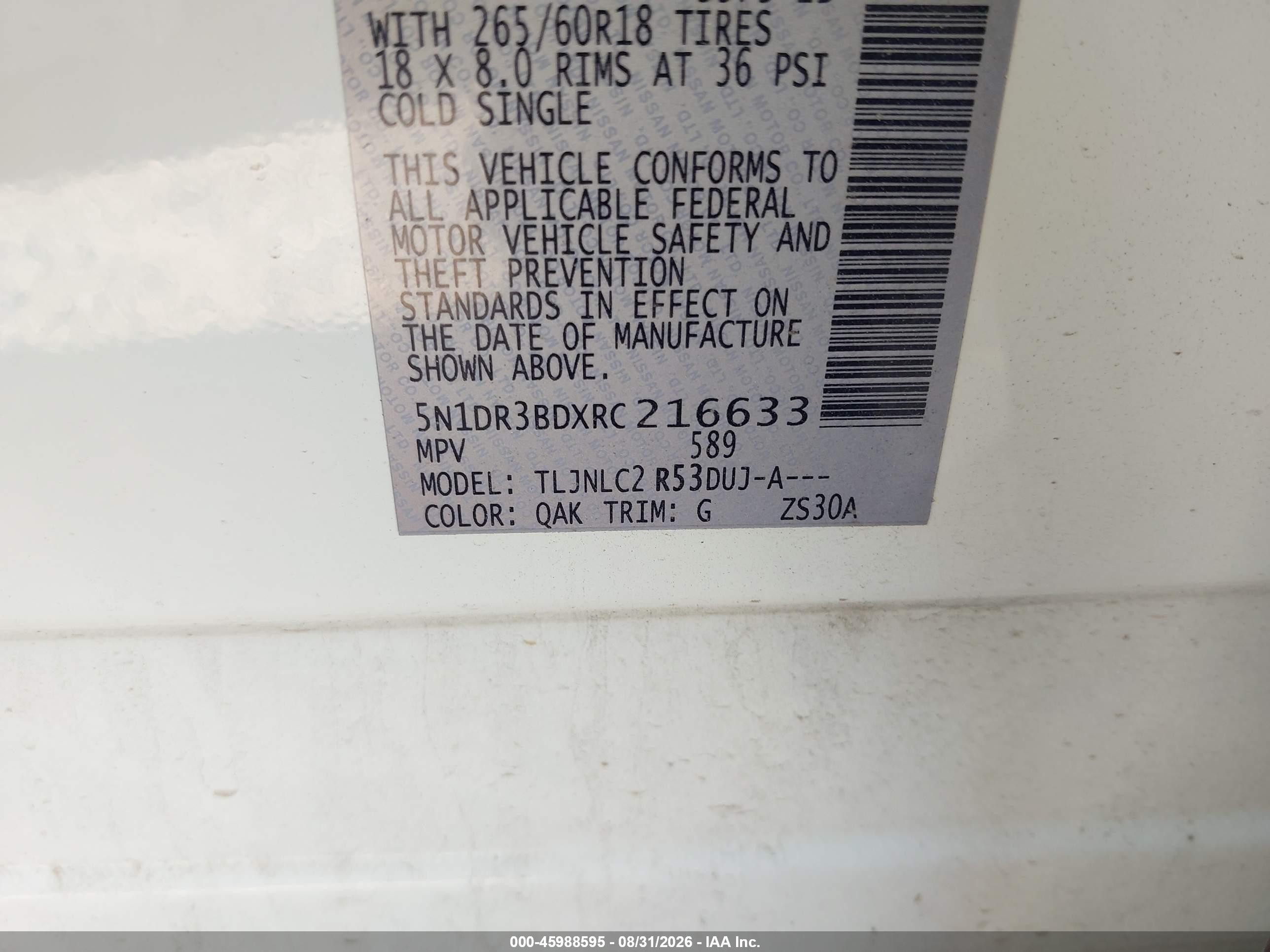 2024 Nissan Pathfinder VIN 5N1DR3BDXRC216633 IAAI salvage auction — Side, Salvage (North Carolina), sold $13,800 on 2026-09-24 (photo 9)