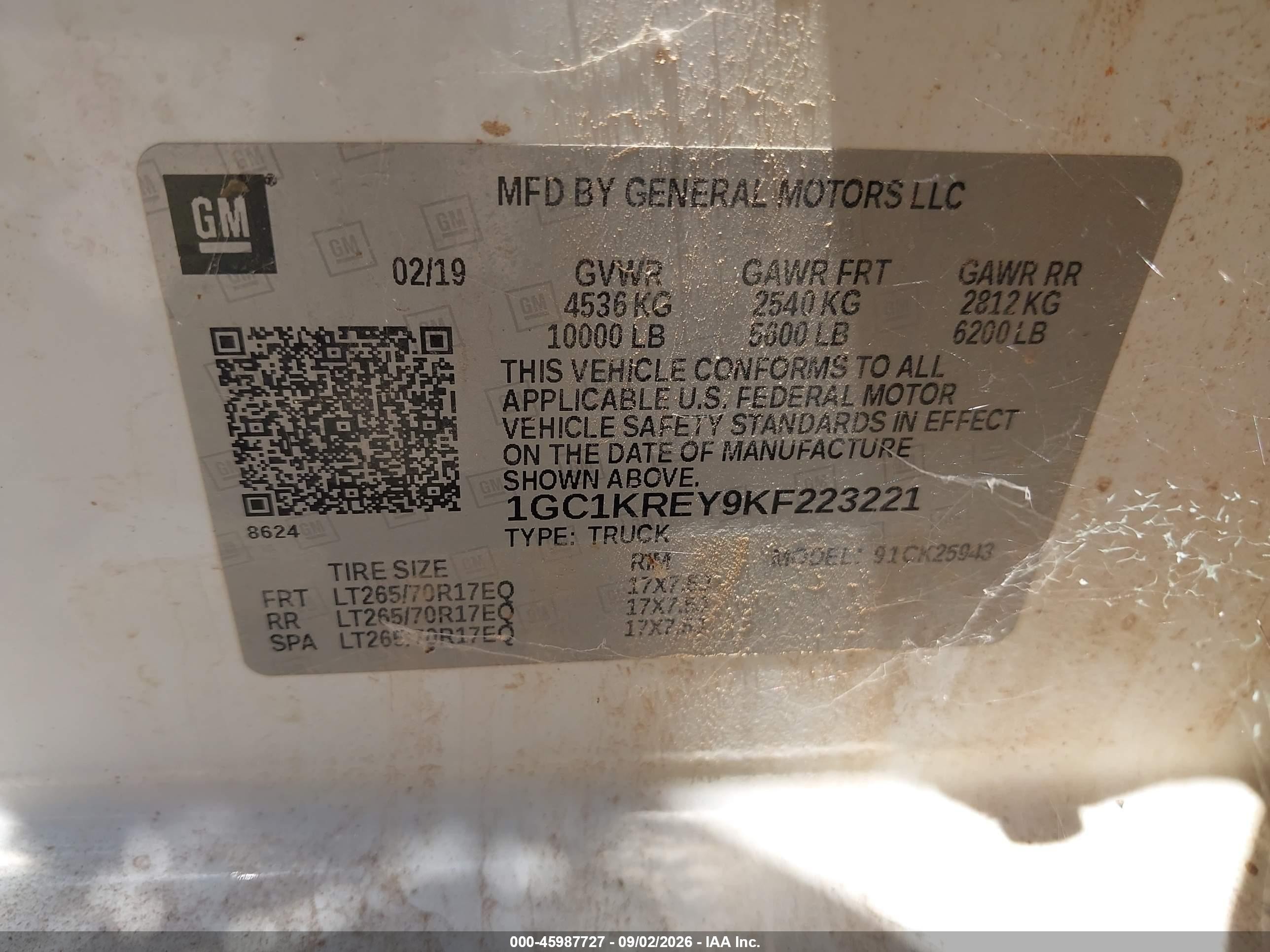 2019 Chevrolet Silverado 2500 VIN 1GC1KREY9KF223221 IAAI salvage auction — Rear End, Enterprise Vehicles Clear Only (Texas), sold $9,700 on 2026-09-10 (photo 9)