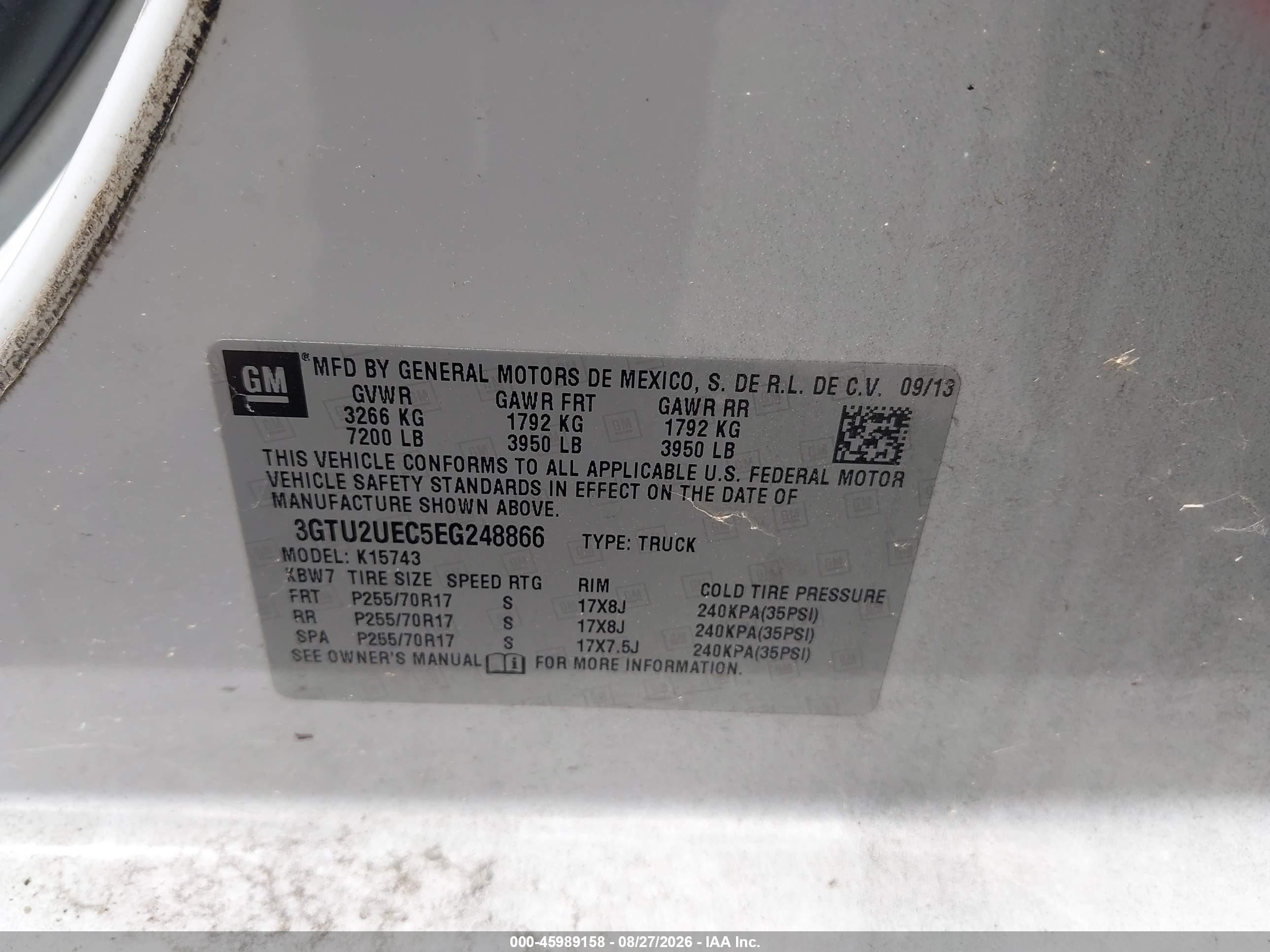 2014 Gmc SIERRA VIN 3GTU2UEC5EG248866 IAAI salvage auction — Normal Wear, Original (Texas), sold $4,500 on 2026-09-18 (photo 9)
