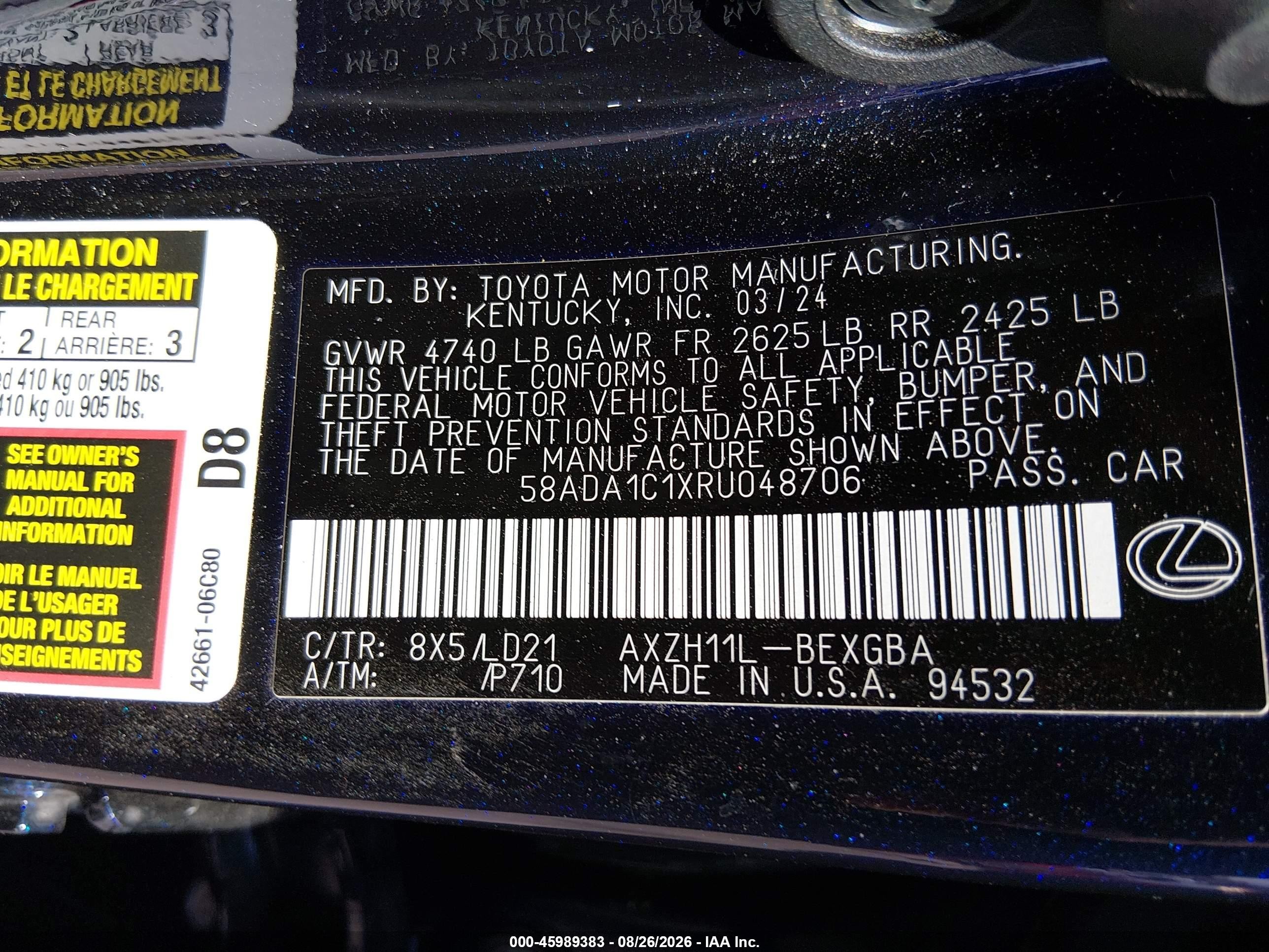 2024 Lexus ES VIN 58ADA1C1XRU048706 IAAI salvage auction — Unknown, Salvage (California), sold $16,700 on 2026-09-03 (photo 9)