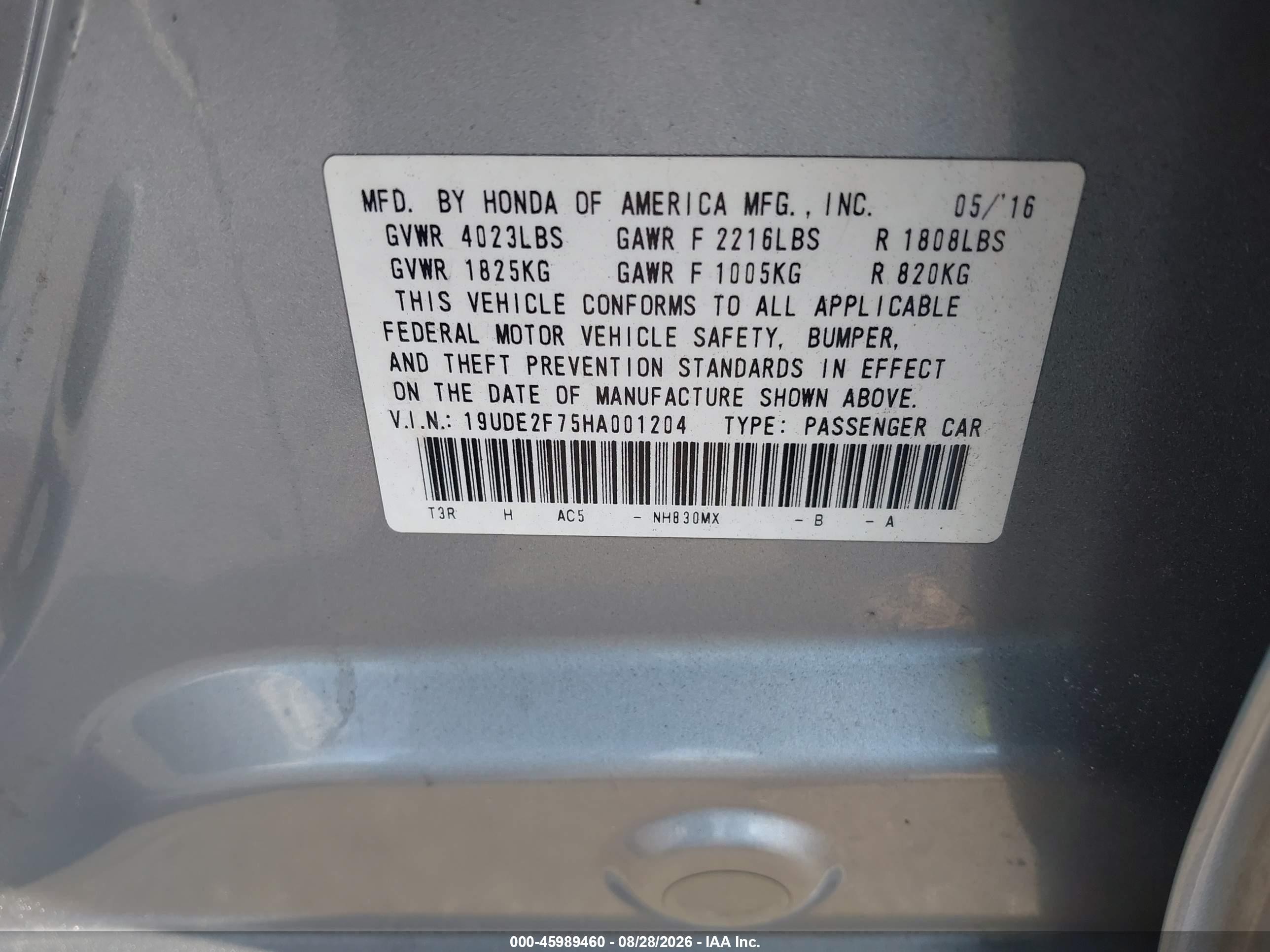 2017 Acura Ilx VIN 19UDE2F75HA001204 IAAI salvage auction — Rear End, Salvage Certificate (California), sold $3,350 on 2026-09-24 (photo 9)