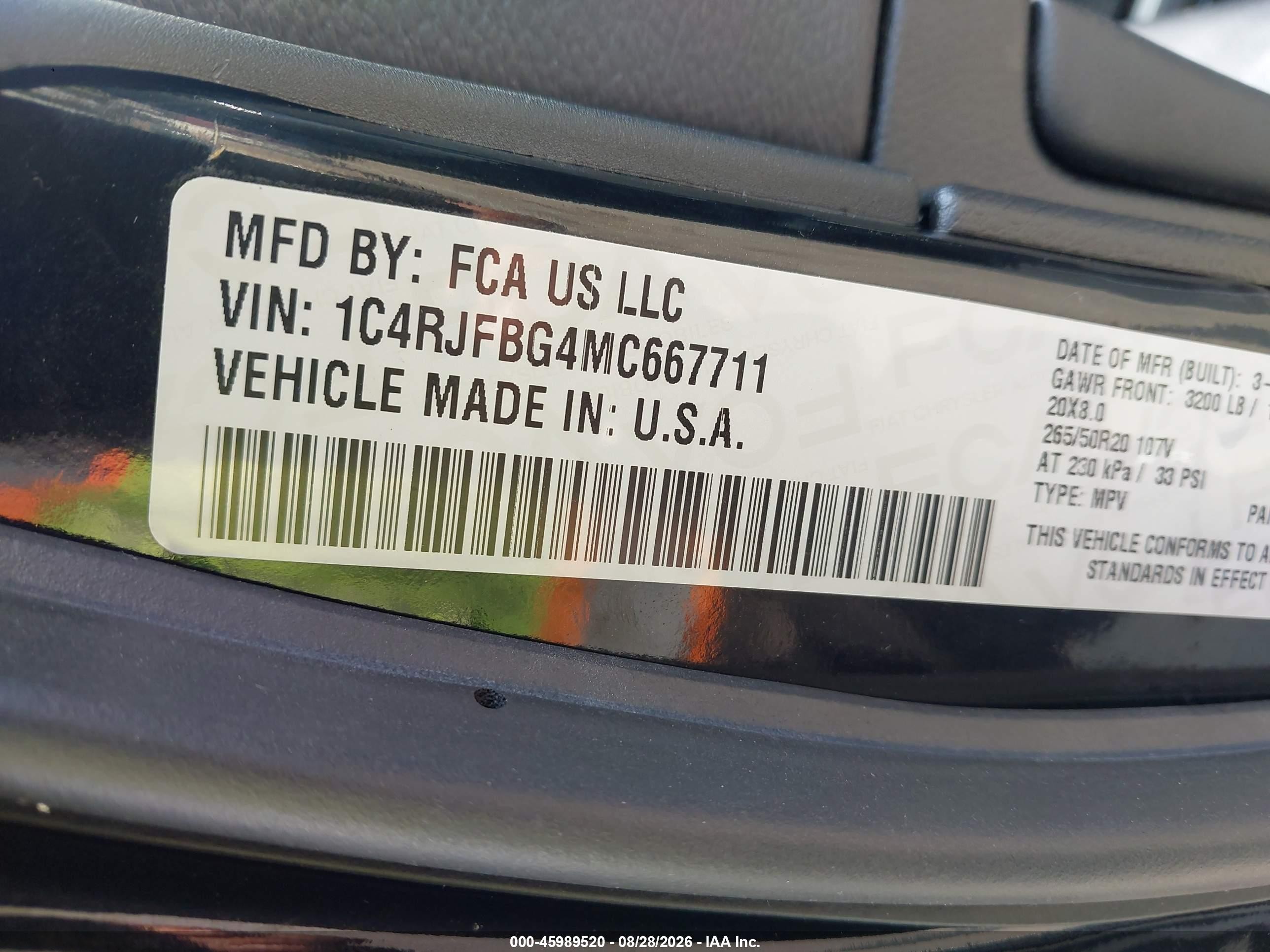 2021 Jeep Grand Cherokee VIN 1C4RJFBG4MC667711 IAAI salvage auction — Front End, Salvage (North Carolina), sold $10,300 on 2026-09-11 (photo 9)
