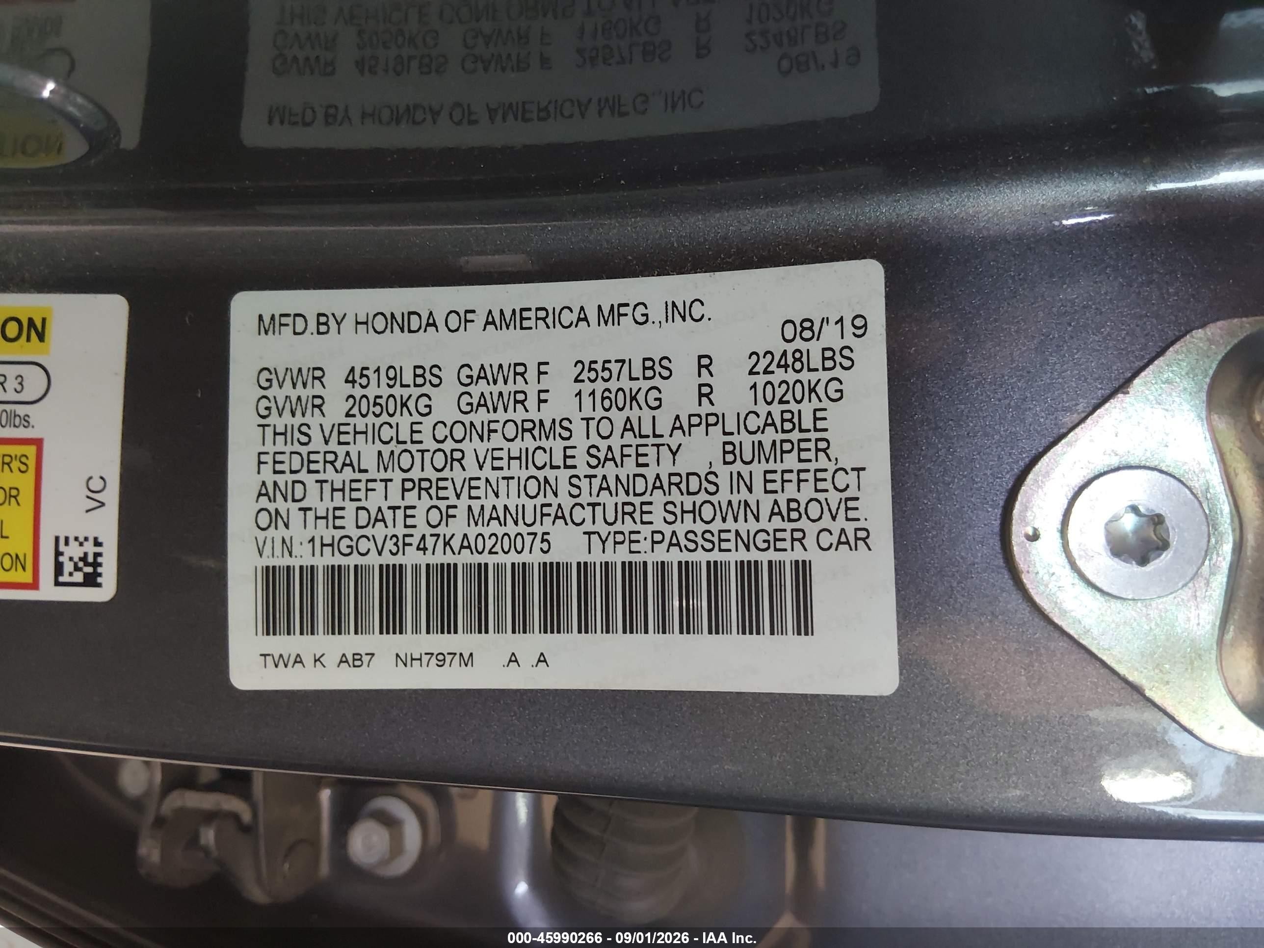 2019 Honda Accord VIN 1HGCV3F47KA020075 IAAI salvage auction — Unknown, Salvage (California), sold $5,600 on 2026-09-13 (photo 9)