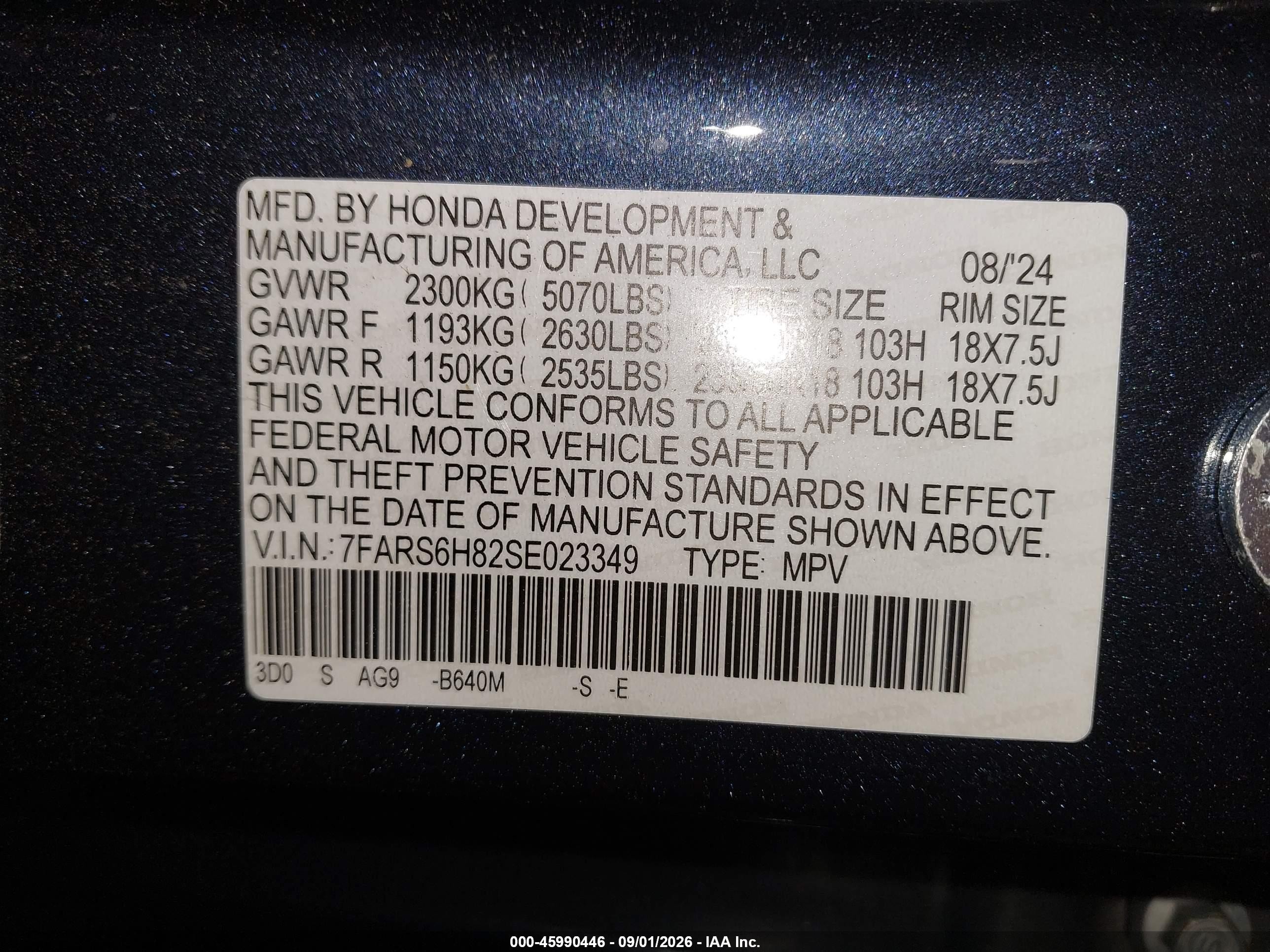2025 Honda Cr-v VIN 7FARS6H82SE023349 IAAI salvage auction — Hail, Salvage (Pennsylvania), sold $17,700 on 2026-09-05 (photo 9)