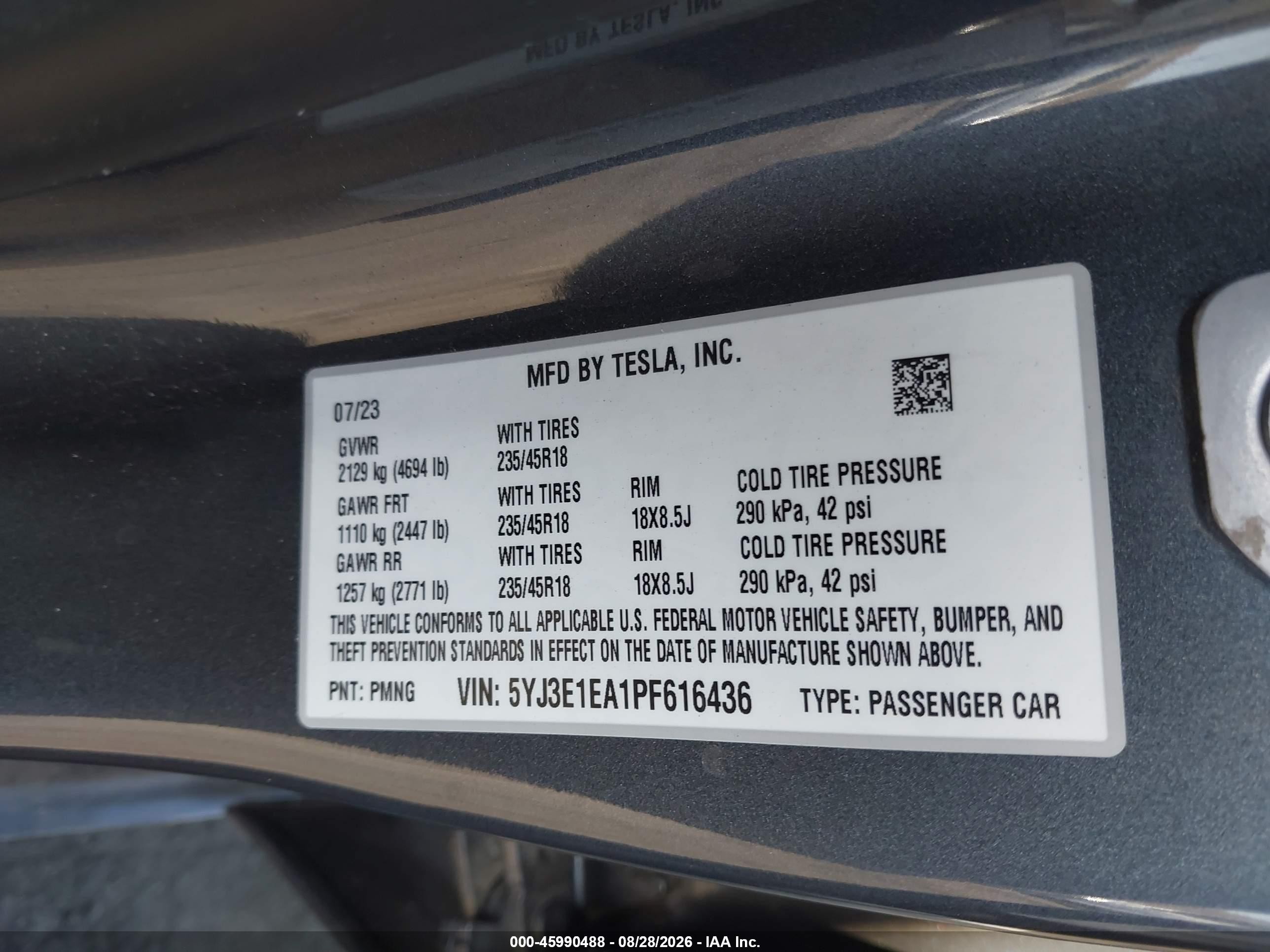 2023 Tesla Model 3 VIN 5YJ3E1EA1PF616436 IAAI salvage auction — Front & Rear, Salvage Certificate (California), sold $8,900 on 2026-10-02 (photo 9)
