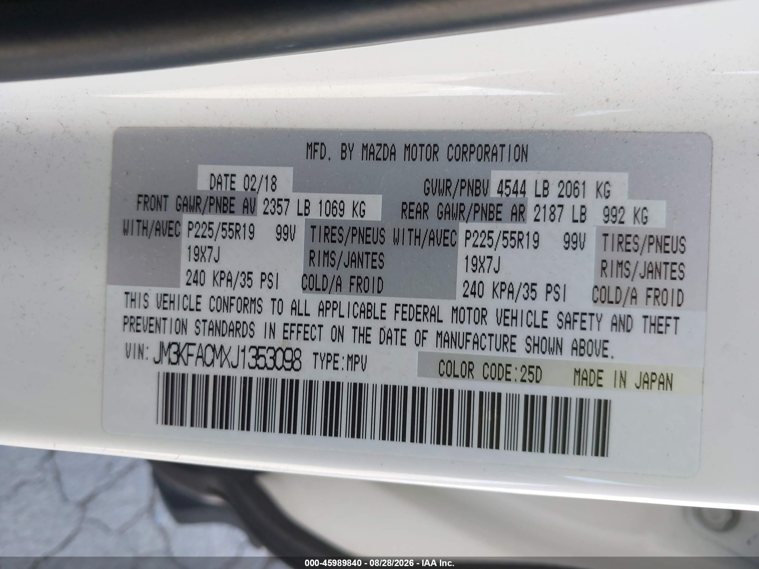2018 Mazda CX-5 VIN JM3KFACMXJ1353098 IAAI salvage auction — Front End, Salvage (California), sold $3,450 on 2026-09-13 (photo 9)