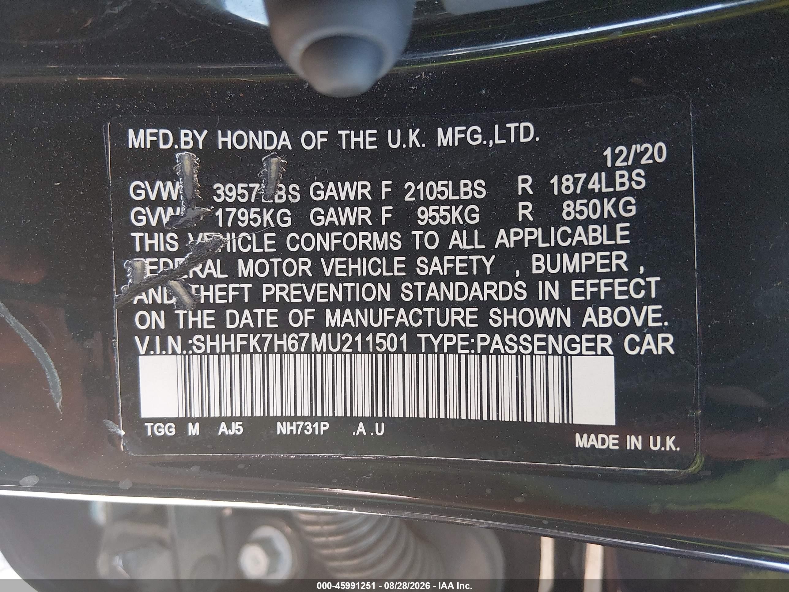 2021 Honda Civic VIN SHHFK7H67MU211501 IAAI salvage auction — Unknown, Salvage (Indiana), sold $5,000 on 2026-09-22 (photo 9)
