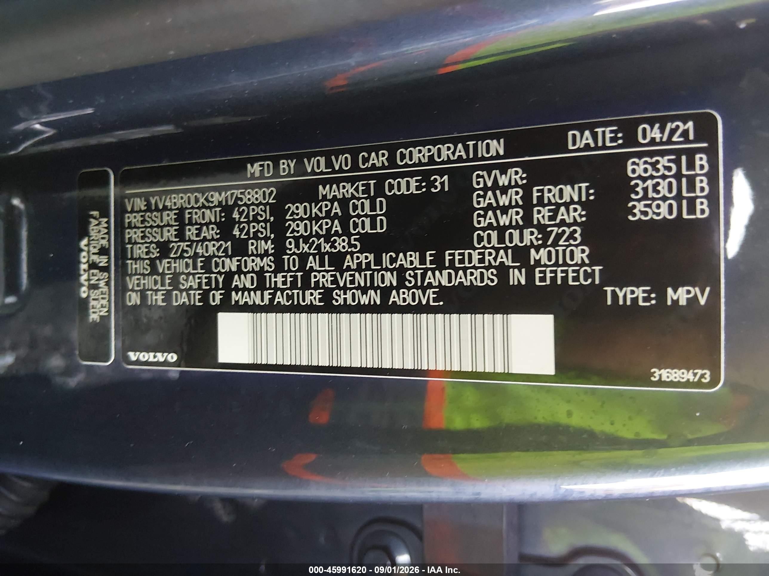 2021 Volvo XC90 Recharge VIN YV4BR0CK9M1758802 IAAI salvage auction — Rear End, Clear (South Carolina), sold $17,500 on 2026-09-29 (photo 9)