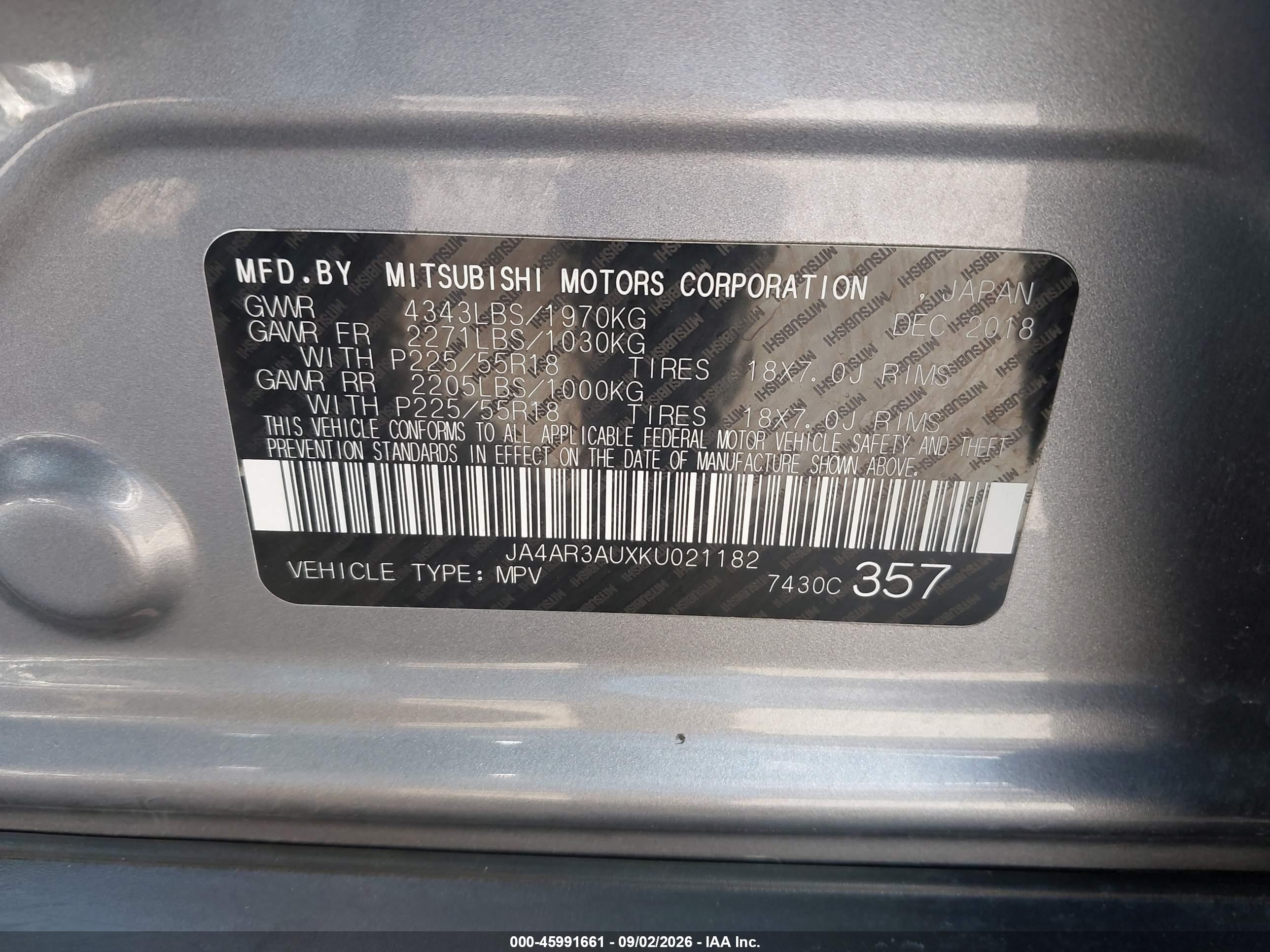 2019 Mitsubishi Outlander VIN JA4AR3AUXKU021182 IAAI salvage auction — Unknown, Salvage (Nebraska), sold $2,450 on 2026-09-18 (photo 9)