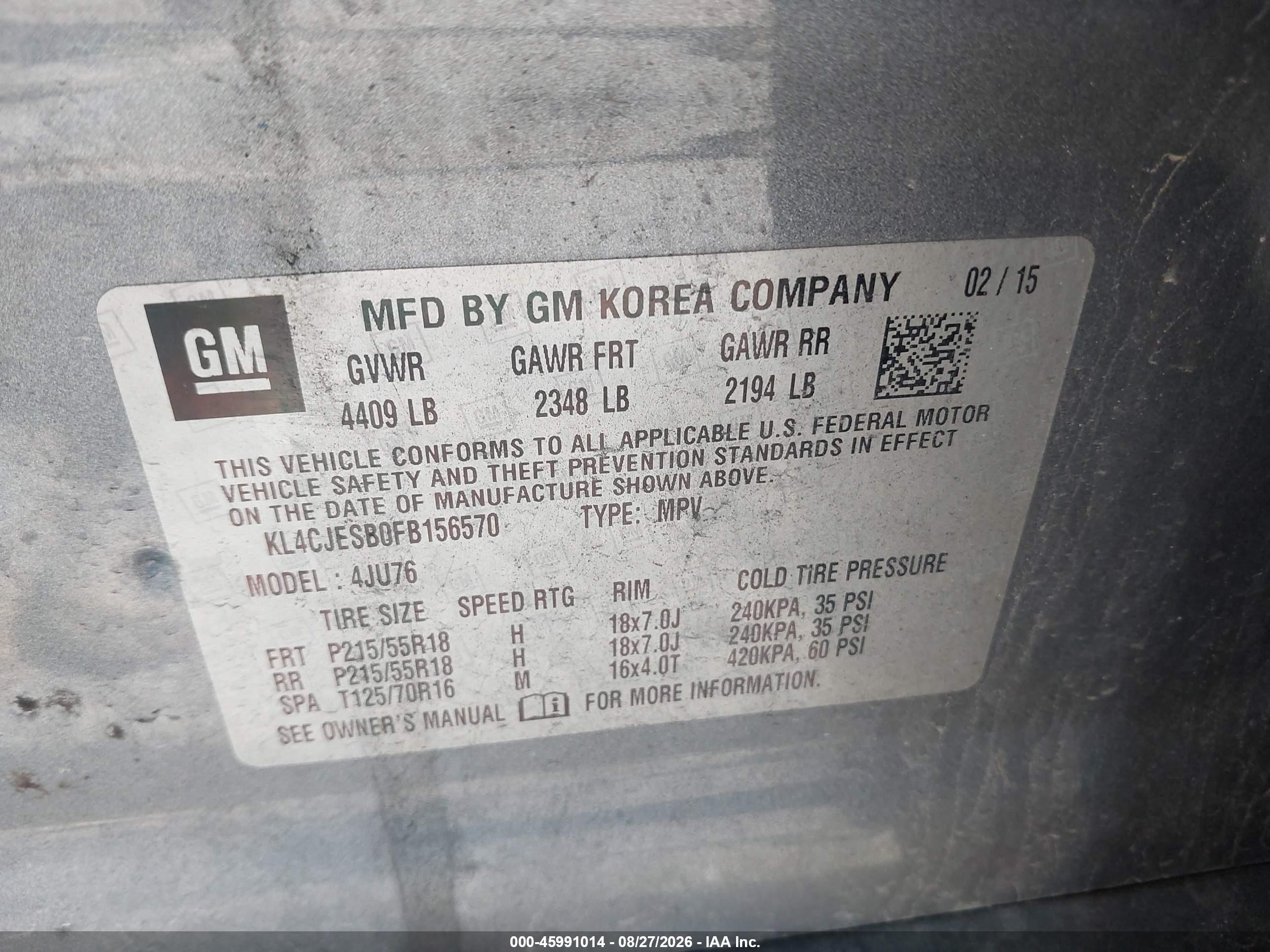2015 Buick Encore VIN KL4CJESB0FB156570 IAAI salvage auction — Normal Wear, Clear (Indiana), sold $875 on 2026-09-18 (photo 9)