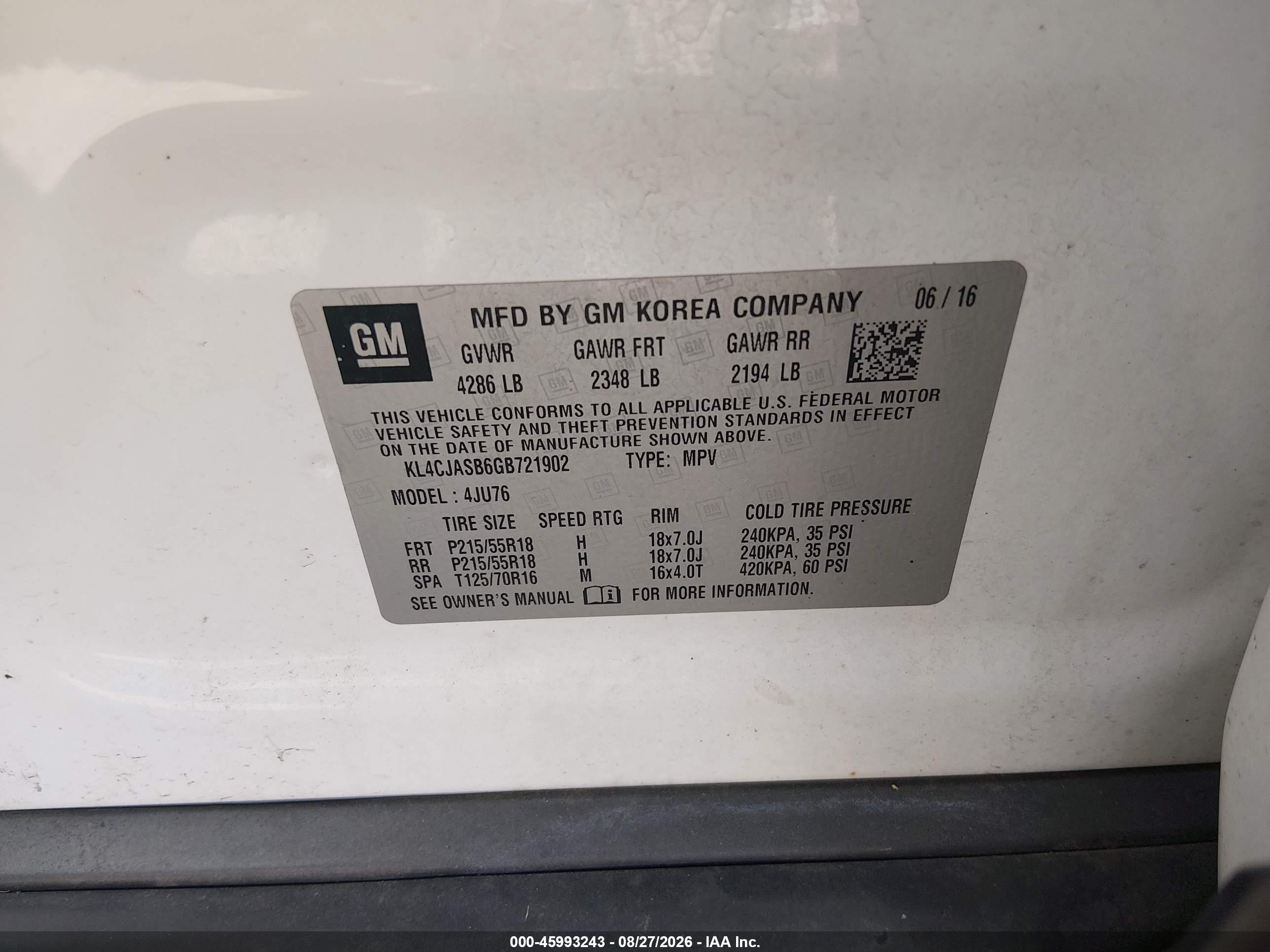 2016 Buick Encore VIN KL4CJASB6GB721902 IAAI salvage auction — Normal Wear, Clear (Illinois), sold $1,775 on 2026-09-08 (photo 9)