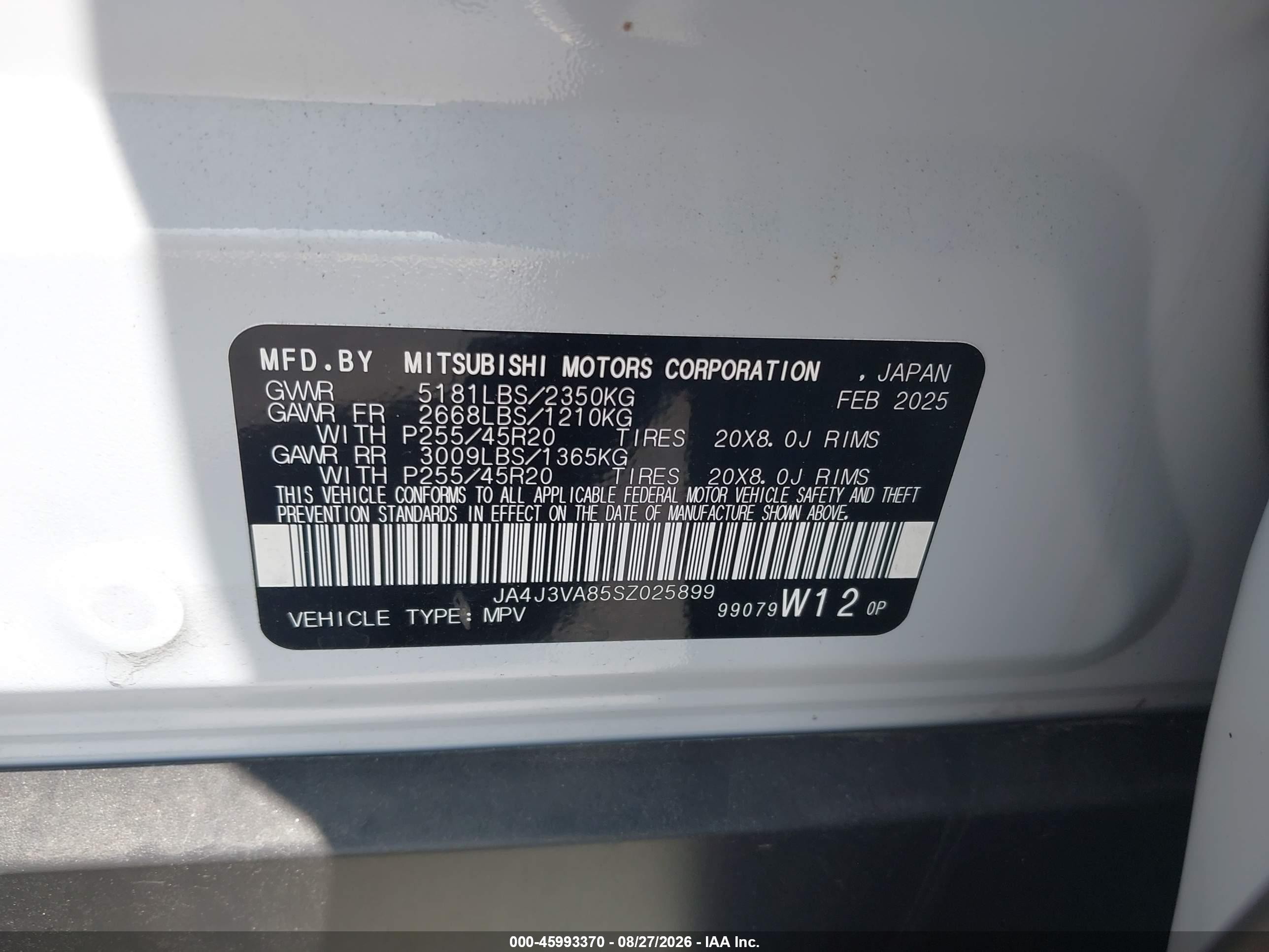 2025 Mitsubishi Outlander VIN JA4J3VA85SZ025899 IAAI salvage auction — Front End, Rebuildable (Florida), sold $12,100 on 2026-10-09 (photo 9)