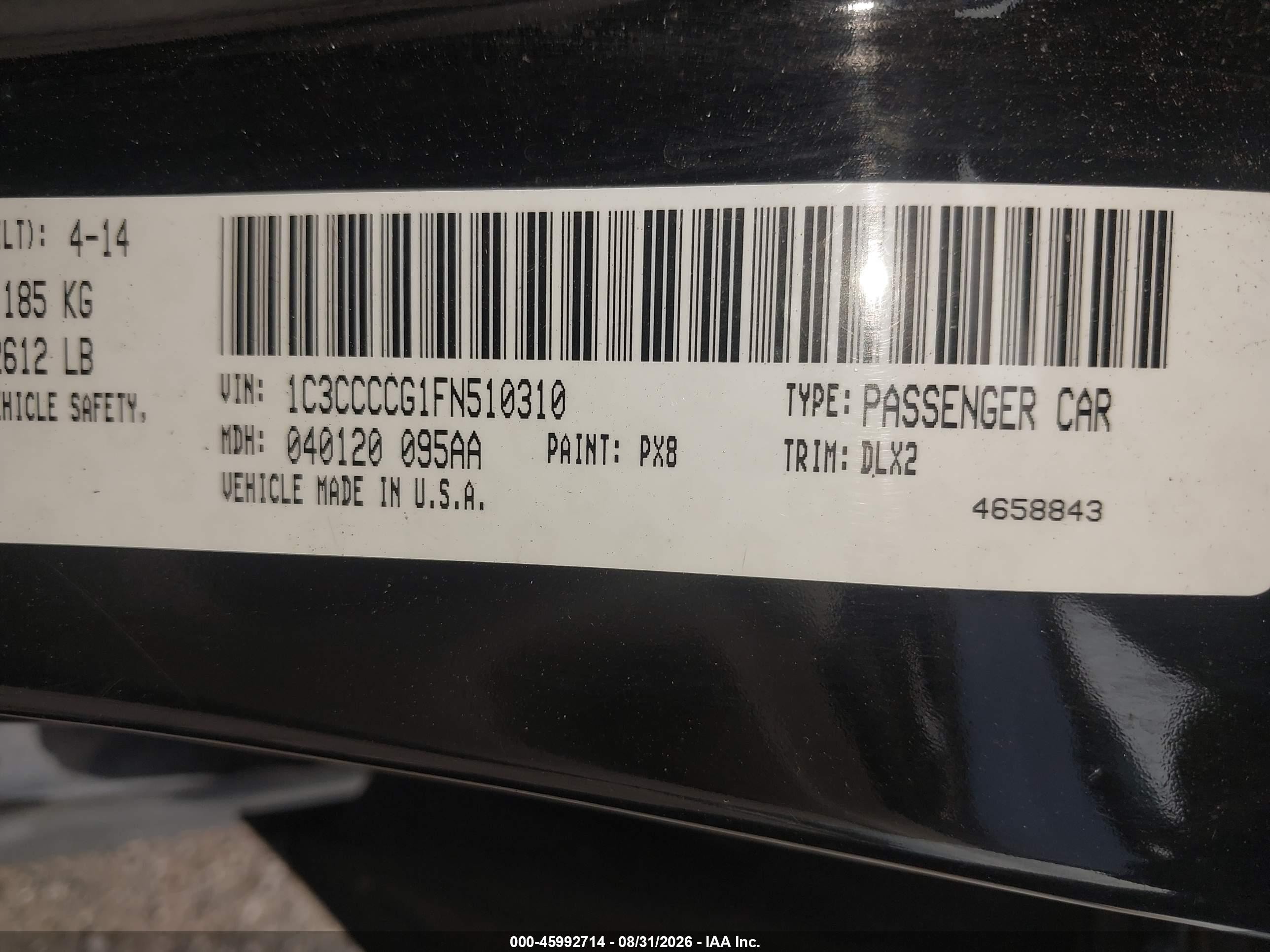 2015 Chrysler 200 VIN 1C3CCCCG1FN510310 IAAI salvage auction — Front End, Salvage (Pennsylvania), sold $1,100 on 2026-09-11 (photo 9)