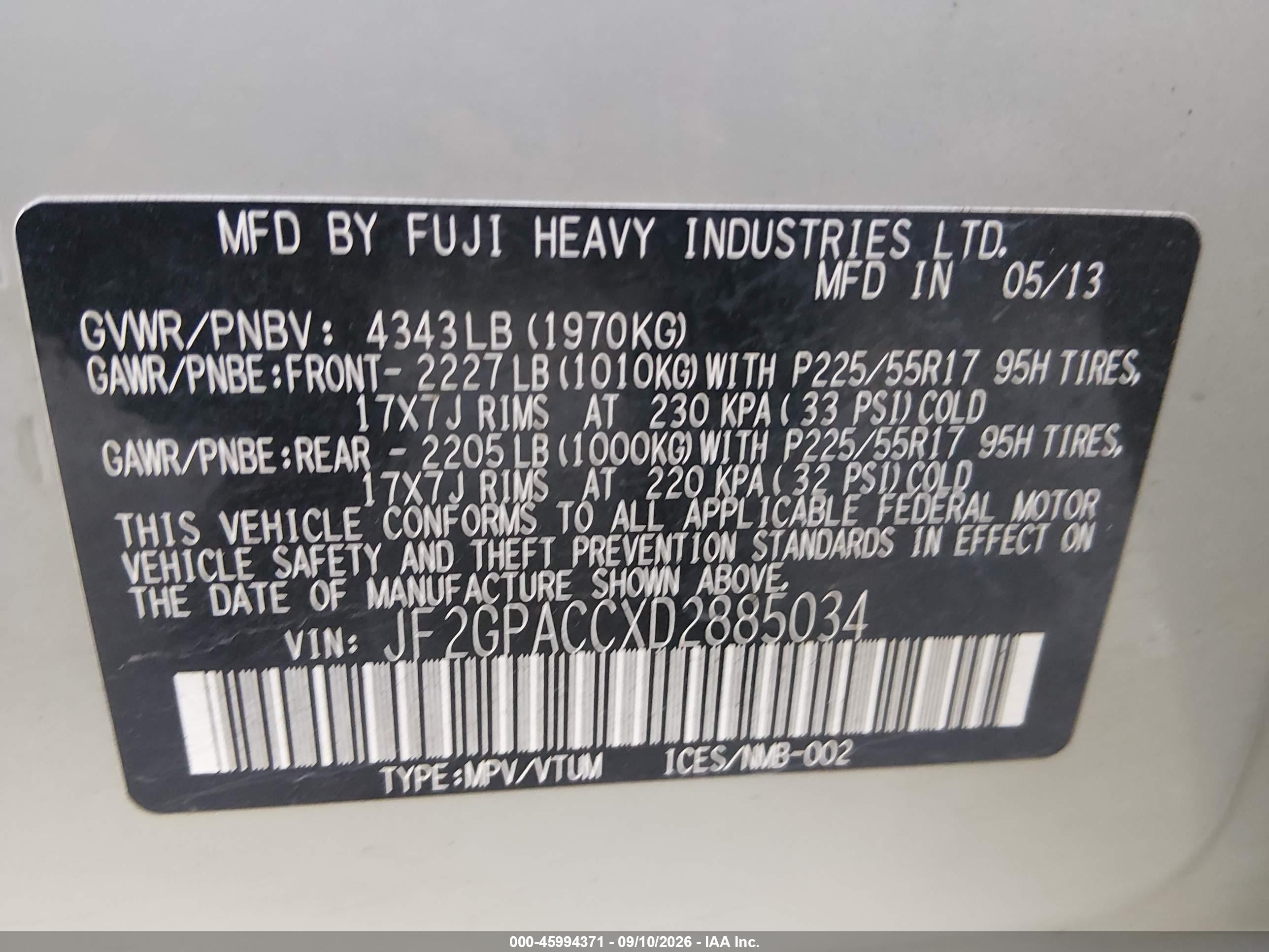 2013 Subaru Xv VIN JF2GPACCXD2885034 IAAI salvage auction — Normal Wear, Clear (Montana), sold $1,450 on 2026-10-10 (photo 9)