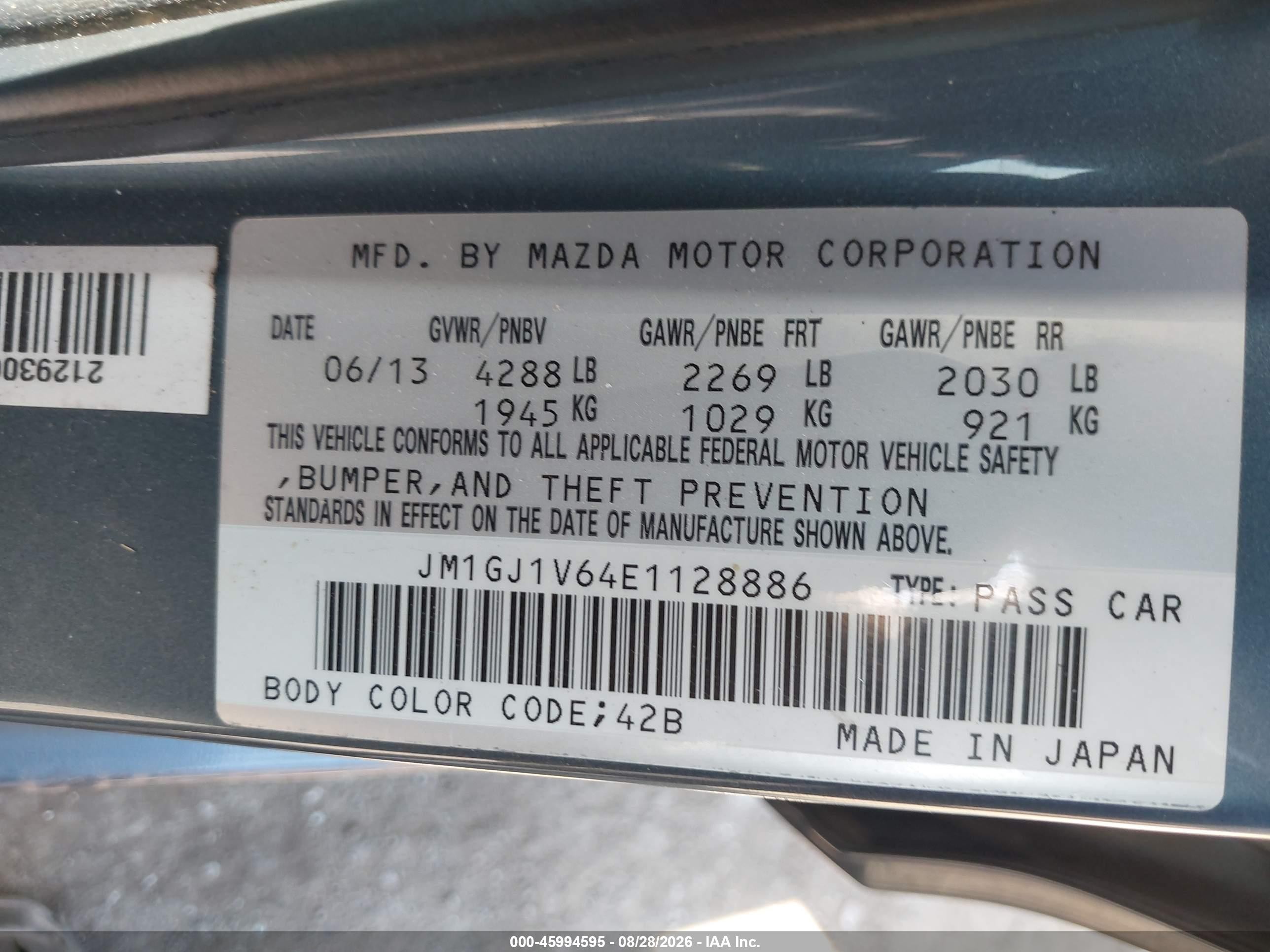 2014 Mazda 6 VIN JM1GJ1V64E1128886 IAAI salvage auction — Normal Wear, Clear - Public Restricted (Oklahoma), sold $1,625 on 2026-09-18 (photo 9)