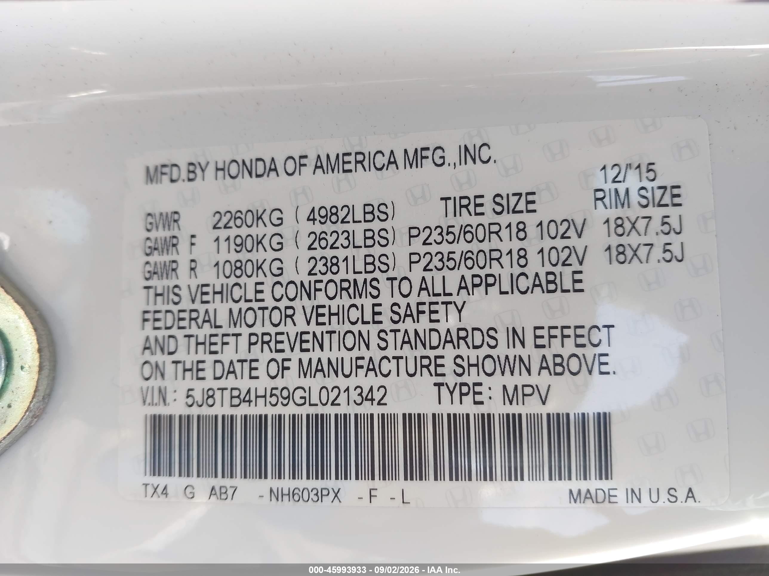 2016 Acura RDX VIN 5J8TB4H59GL021342 IAAI salvage auction — Front End, Wait Title, sold $4,050 on 2026-09-20 (photo 9)