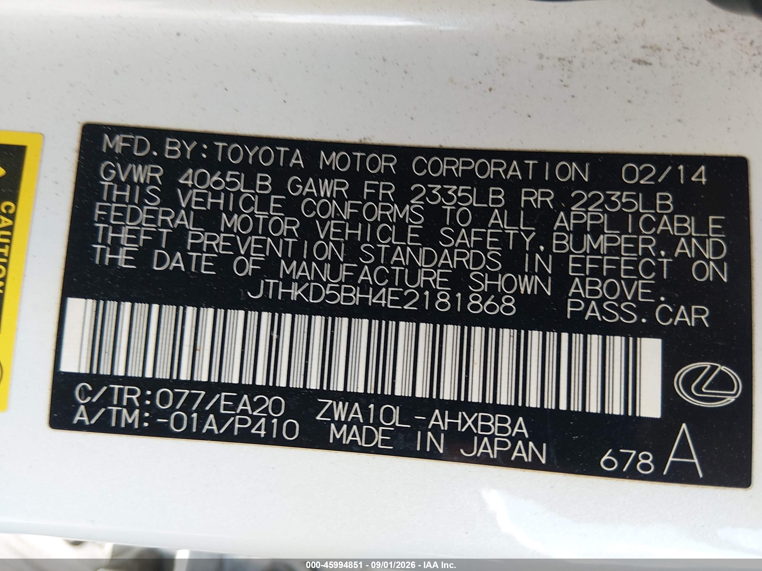 2014 Lexus Ct VIN JTHKD5BH4E2181868 IAAI salvage auction — Mechanical, Salvage (South Carolina), sold $4,850 on 2026-09-26 (photo 9)