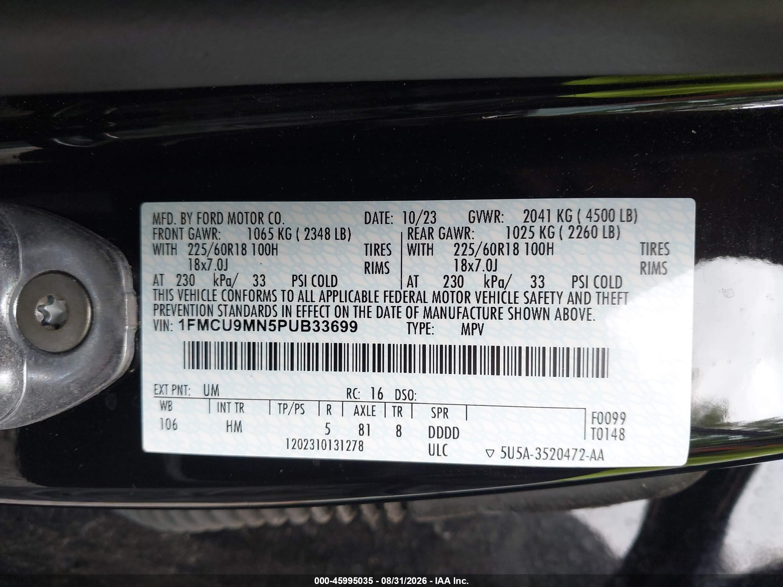 2023 Ford Escape VIN 1FMCU9MN5PUB33699 IAAI salvage auction — Side, Salvage (Idaho), sold $8,200 on 2026-10-07 (photo 9)