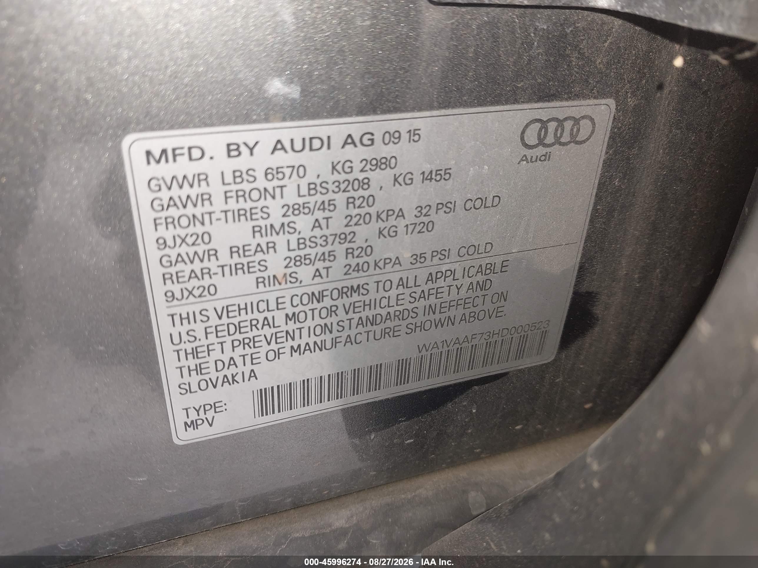 2017 Audi Q7 VIN WA1VAAF73HD000523 IAAI salvage auction — Front End, Salvage (California), sold $5,700 on 2026-09-12 (photo 9)