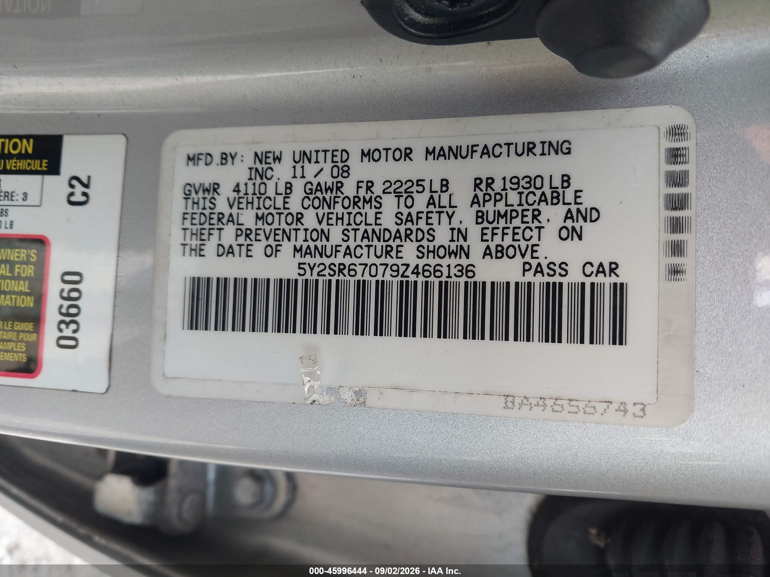 2009 Pontiac Vibe VIN 5Y2SR67079Z466136 IAAI salvage auction — Unknown, Salvage (Pennsylvania), sold $500 on 2026-09-12 (photo 9)