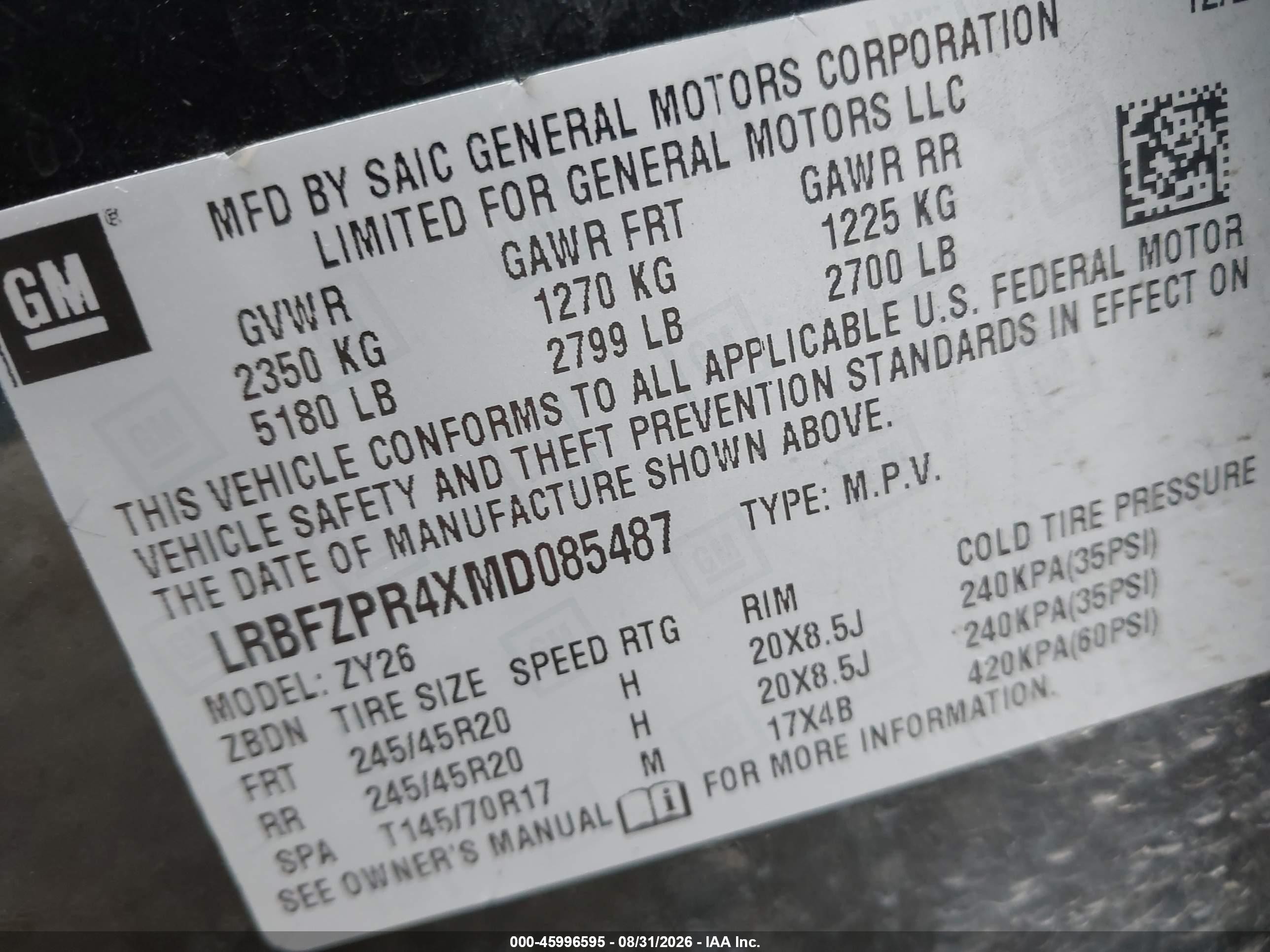 2021 Buick Envision VIN LRBFZPR4XMD085487 IAAI salvage auction — Front End, Salvage (Michigan), sold $5,200 on 2026-10-06 (photo 9)