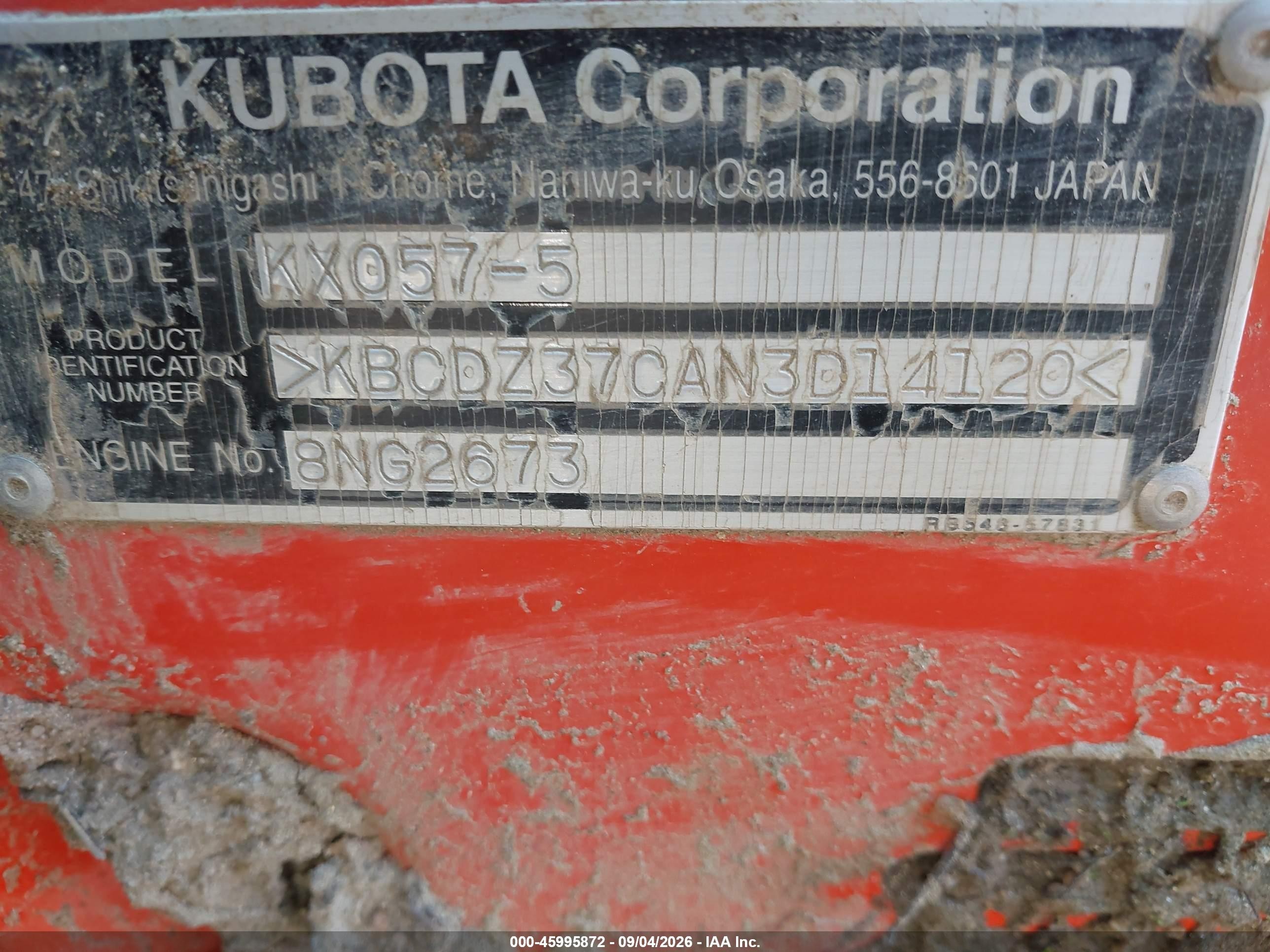 2022 Kubota Kx057-5r3a-50 VIN KBCDZ37CAN3D14120 IAAI salvage auction — Unknown, Bill Of Sale (Virginia), sold $27,050 on 2026-09-09 (photo 9)
