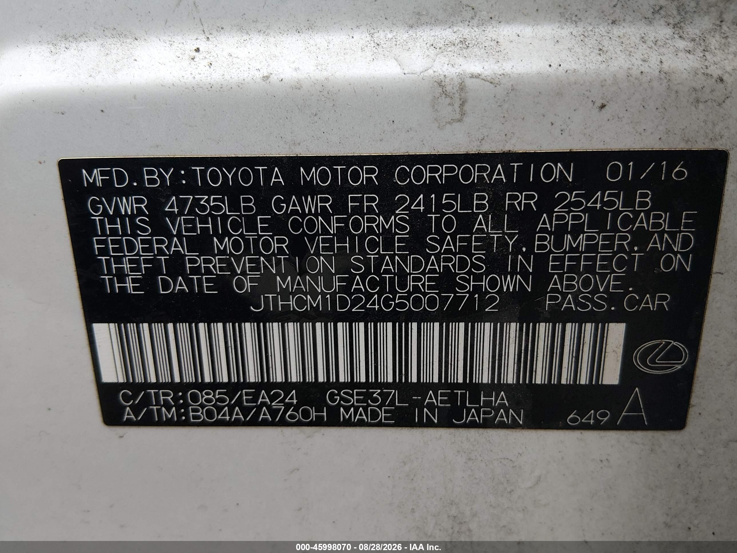 2016 Lexus IS 300 VIN JTHCM1D24G5007712 IAAI salvage auction — Electrical, Bill Of Sale (Washington), sold $10,000 on 2026-09-12 (photo 9)