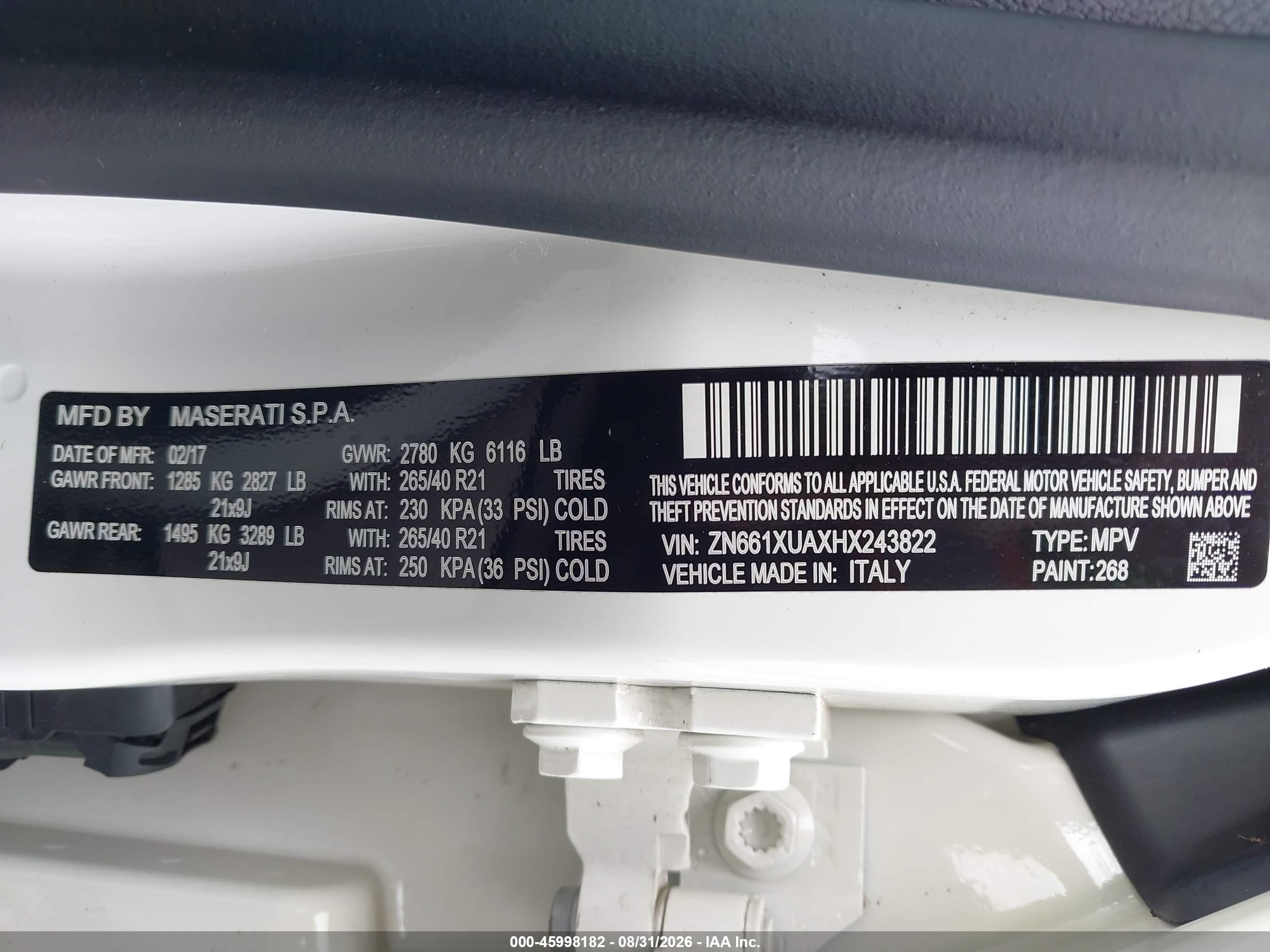 2017 Maserati Levante VIN ZN661XUAXHX243822 IAAI salvage auction — Biohazard/Chemical, Non-Repairable (California), sold $4,050 on 2026-09-23 (photo 9)