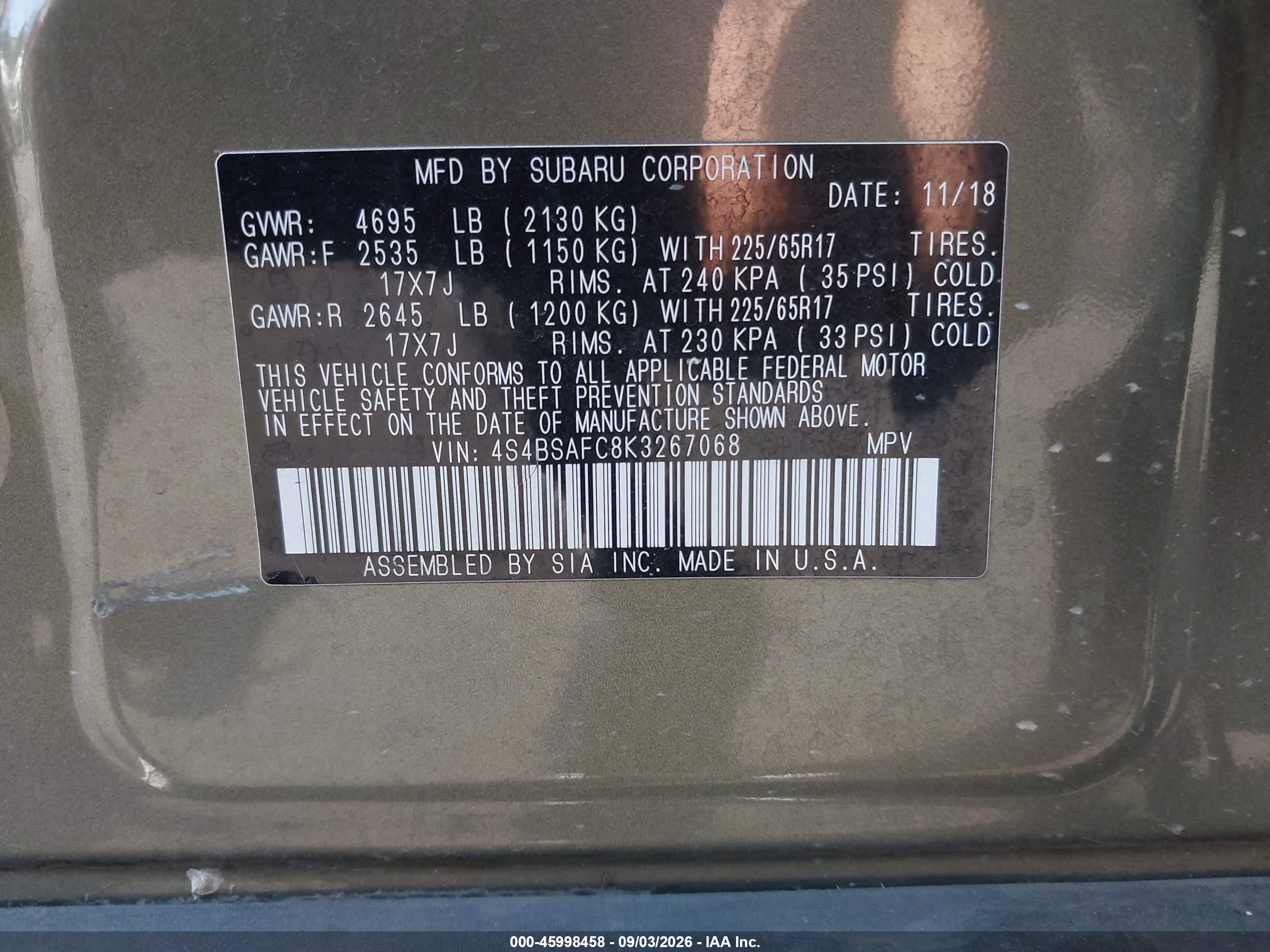 2019 Subaru Outback VIN 4S4BSAFC8K3267068 IAAI salvage auction — Side, Salvage Certificate (California), sold $3,350 on 2026-09-14 (photo 9)
