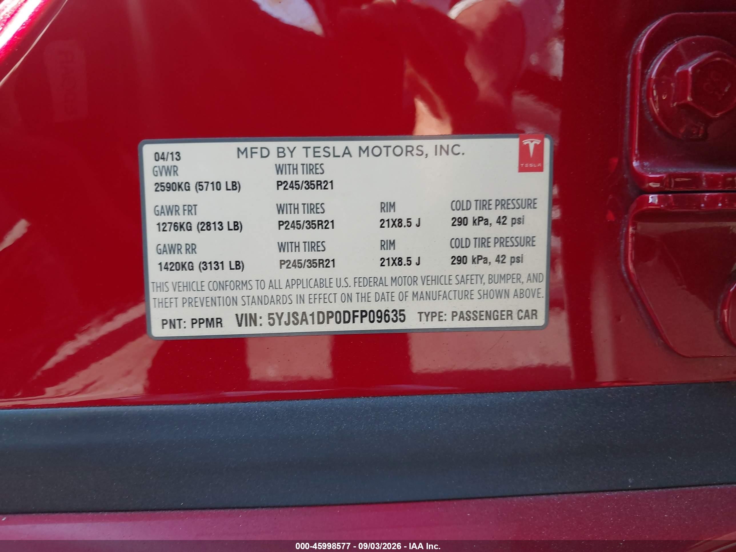 2013 Tesla Model s VIN 5YJSA1DP0DFP09635 IAAI salvage auction — Rear End, Salvage Certificate (California), sold $2,800 on 2026-09-13 (photo 9)